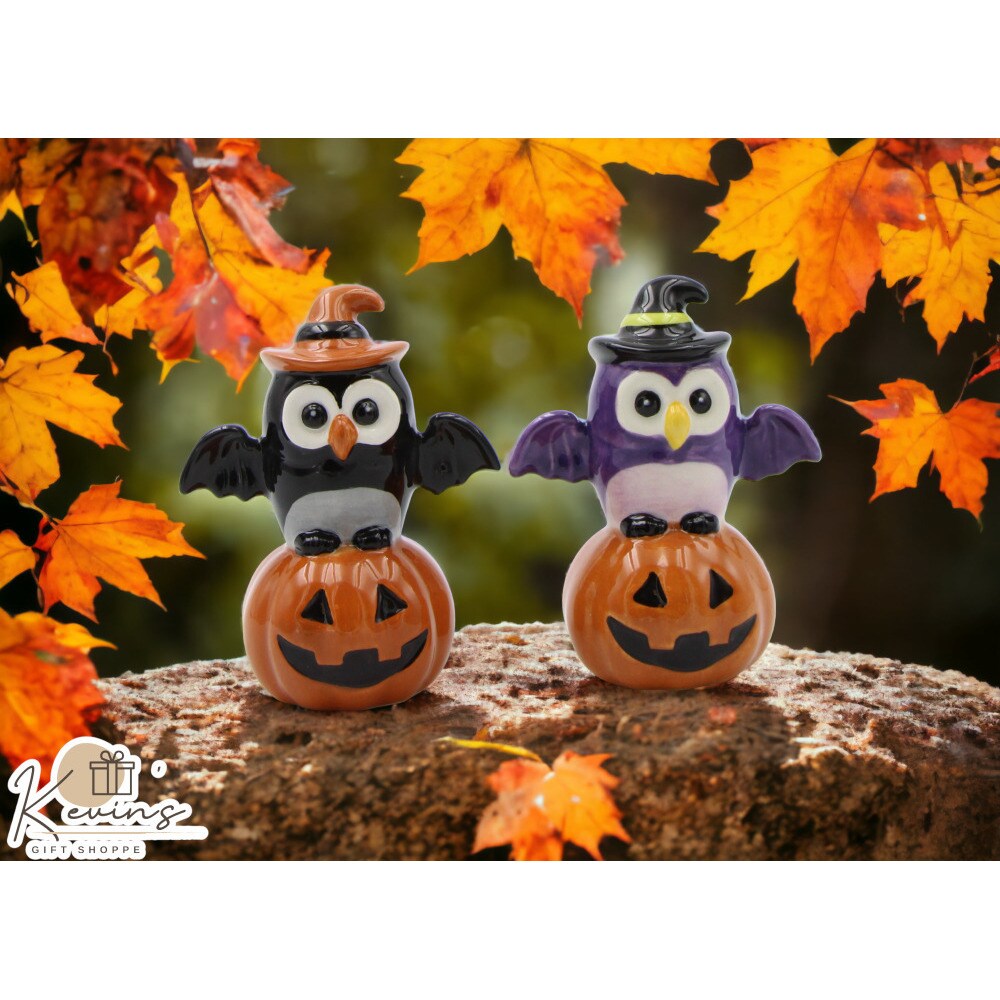 kevinsgiftshoppe Ceramic  Owl Witches Sitting on Pumpkins Salt and Pepper Home Decor   Kitchen Decor Fall Decor