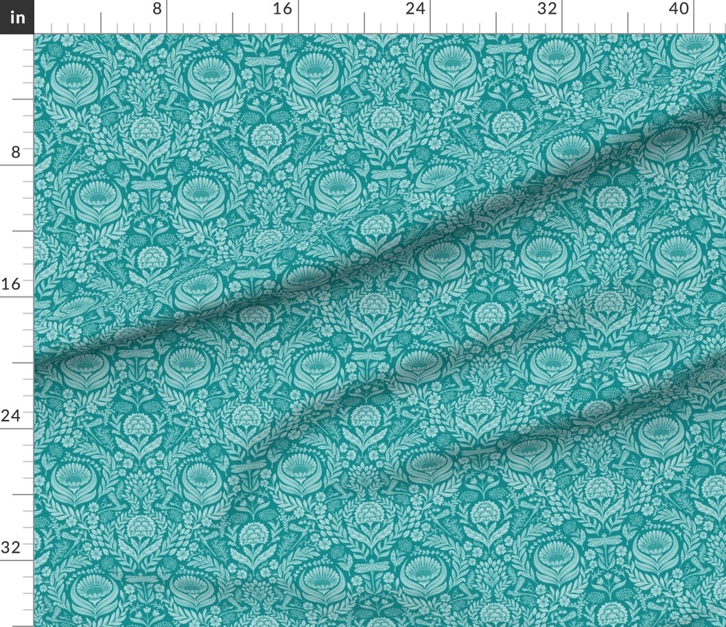 Teal Floral Victorian Whimsical Dragonflies Art And Crafts Maximalist Botanical Nouveau Carnation Chrysanthemum Large Scale Custom Printed Fabric by Spoonflower Various Fabrics by the Yard or Fat Quarter