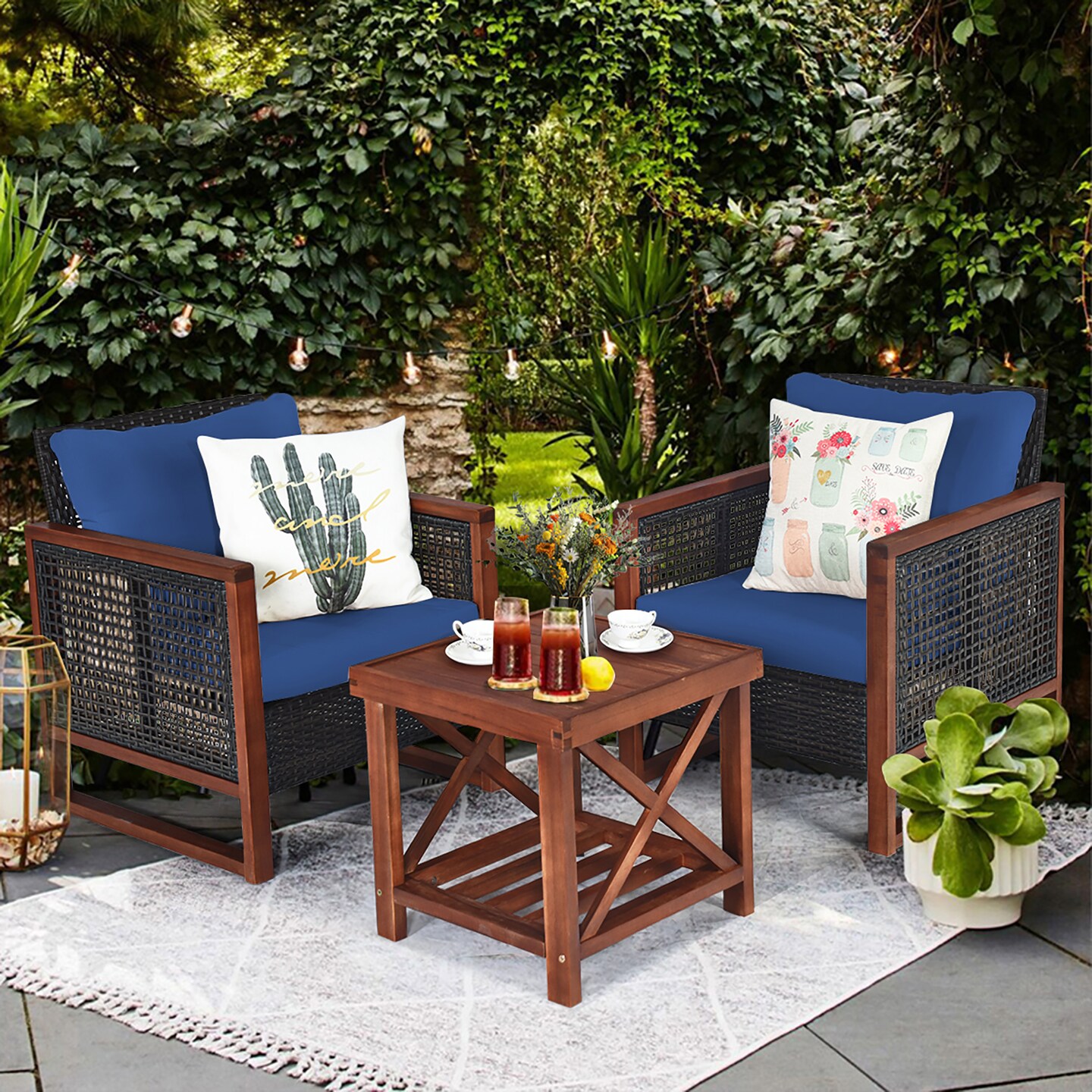 Costway 3PCS Patio Wicker Furniture Set Solid Wood Frame Cushion Sofa w/ Square Table Shelf
