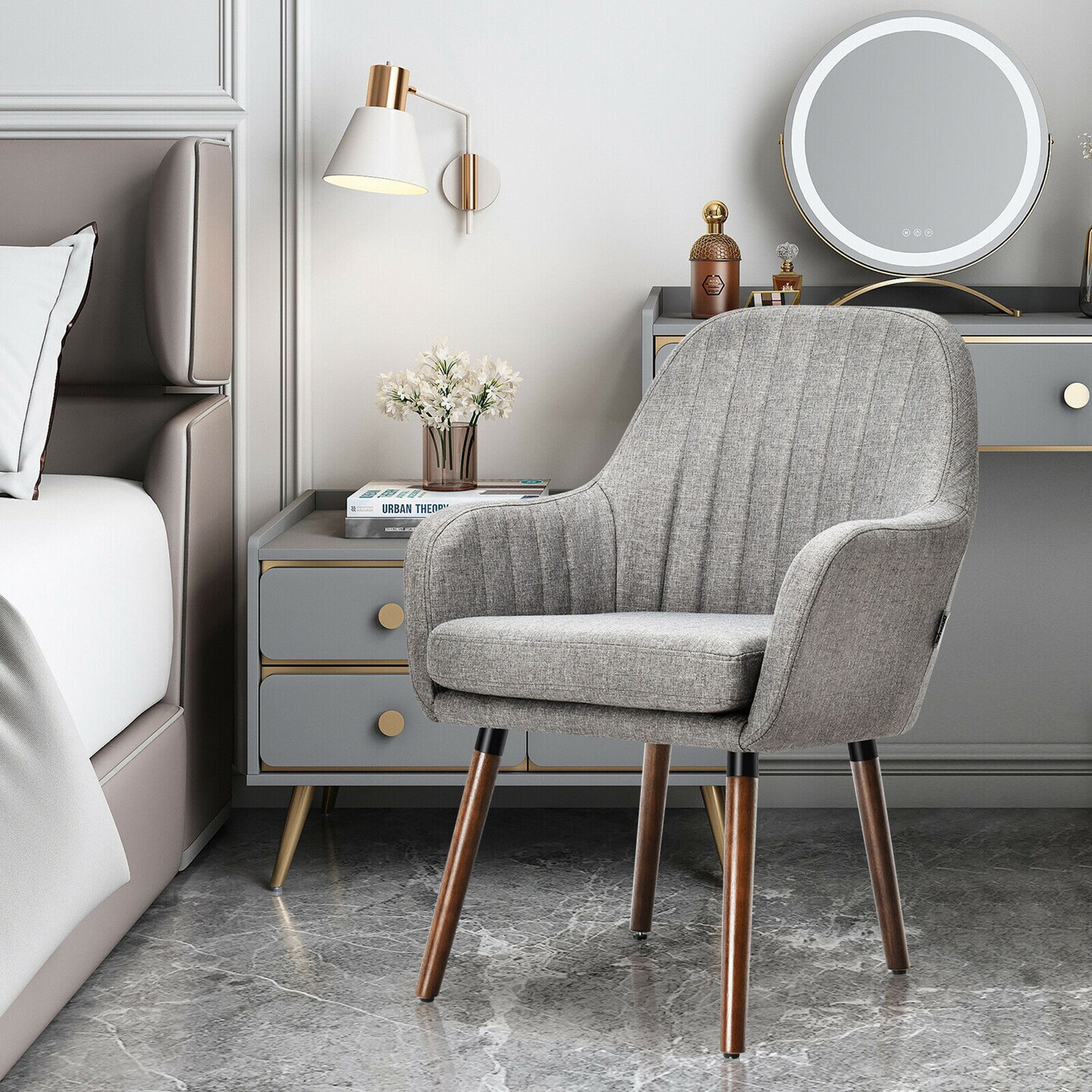 Costway Set of 4 Accent Chairs Fabric Upholstered Armchairs w/Wooden Legs Beige/Gray