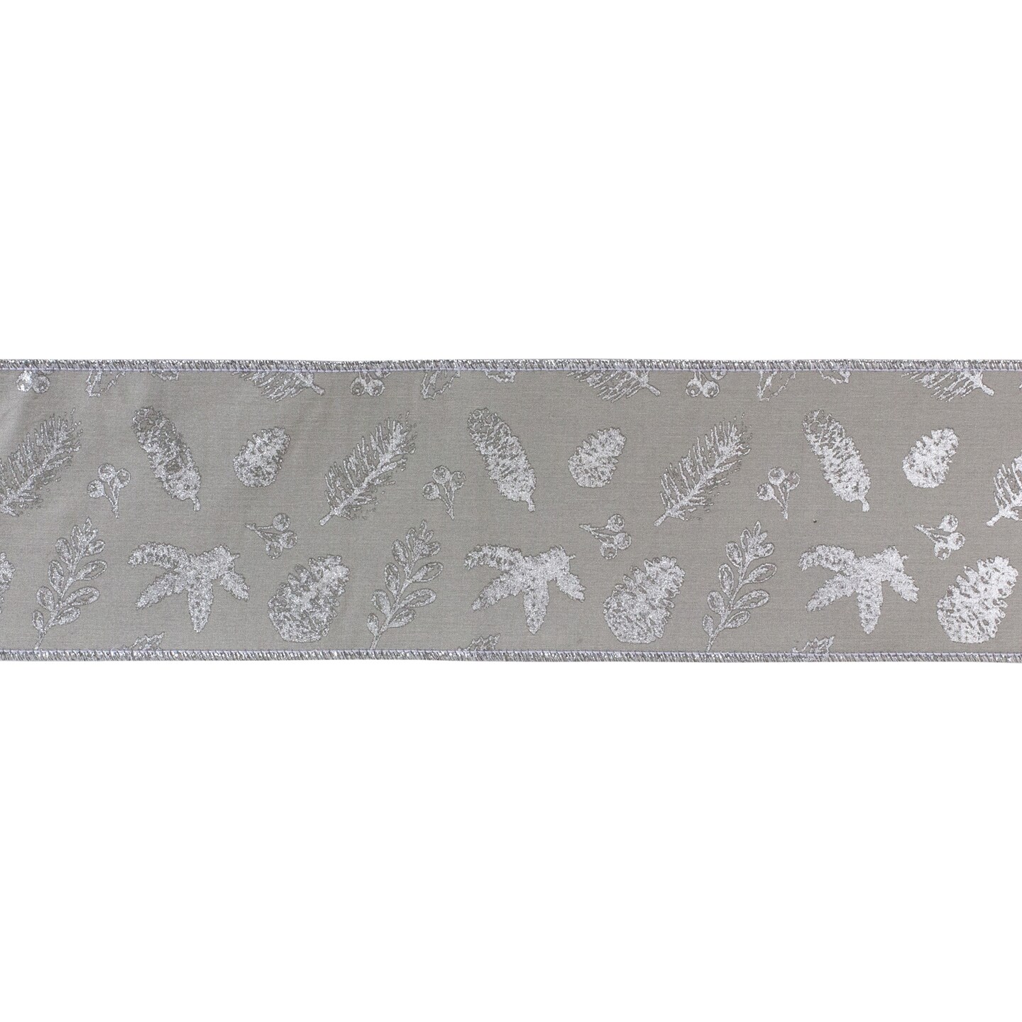 Melrose Metallic Leaf Christmas Wired Craft Ribbons - 4&#x22; x 5 Yards - Gray and Silver