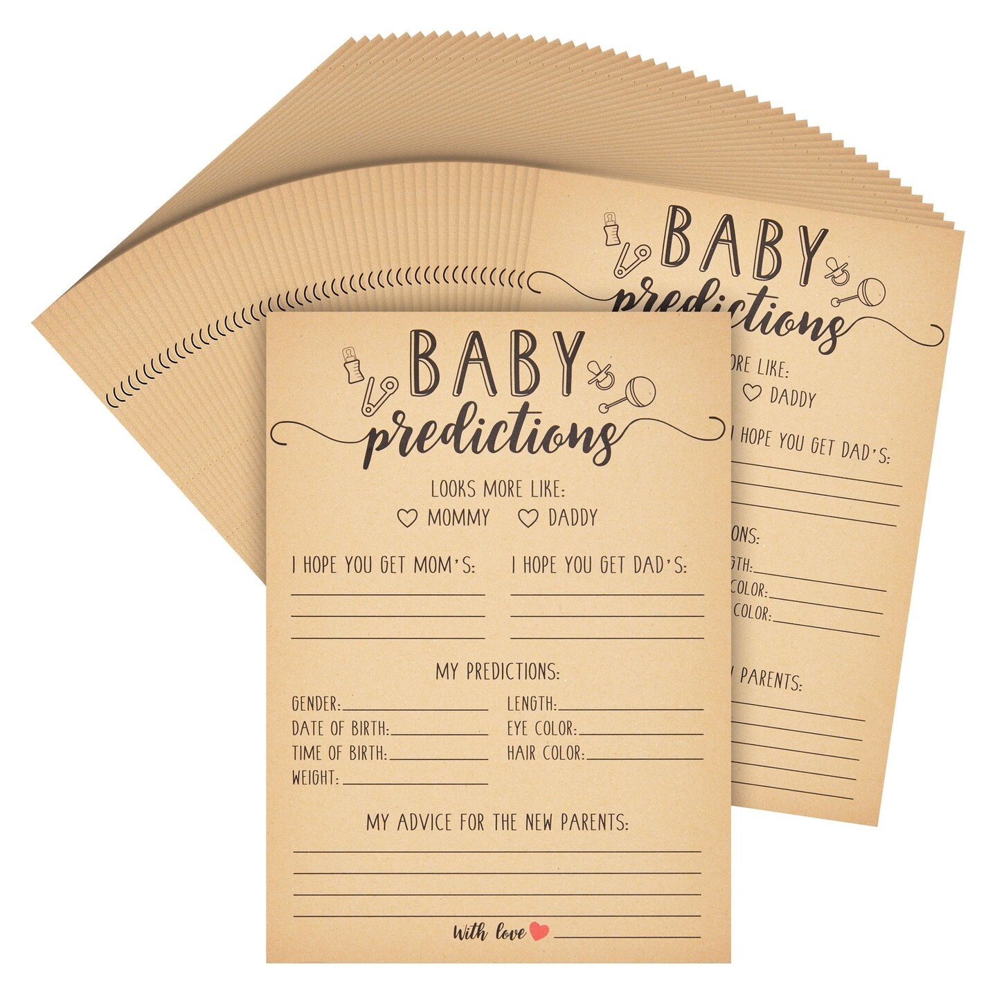 50 Sheets Baby Shower Prediction and Advice Cards for Gender Reveal Games, Baby Shower (5x7 in)