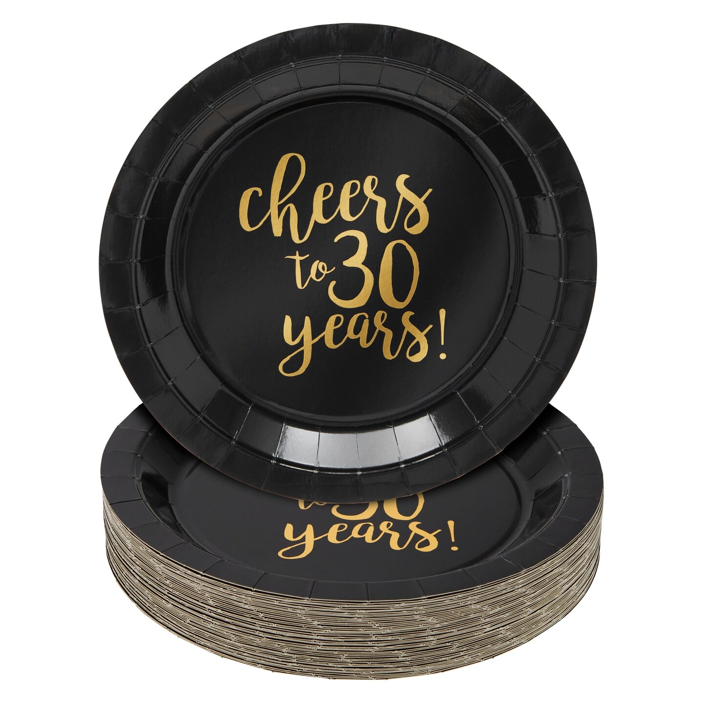 48-Pack Cheers to 30 Years Plates for 30th Birthday, Anniversary Party Supplies, Black and Gold Foil (9 In)