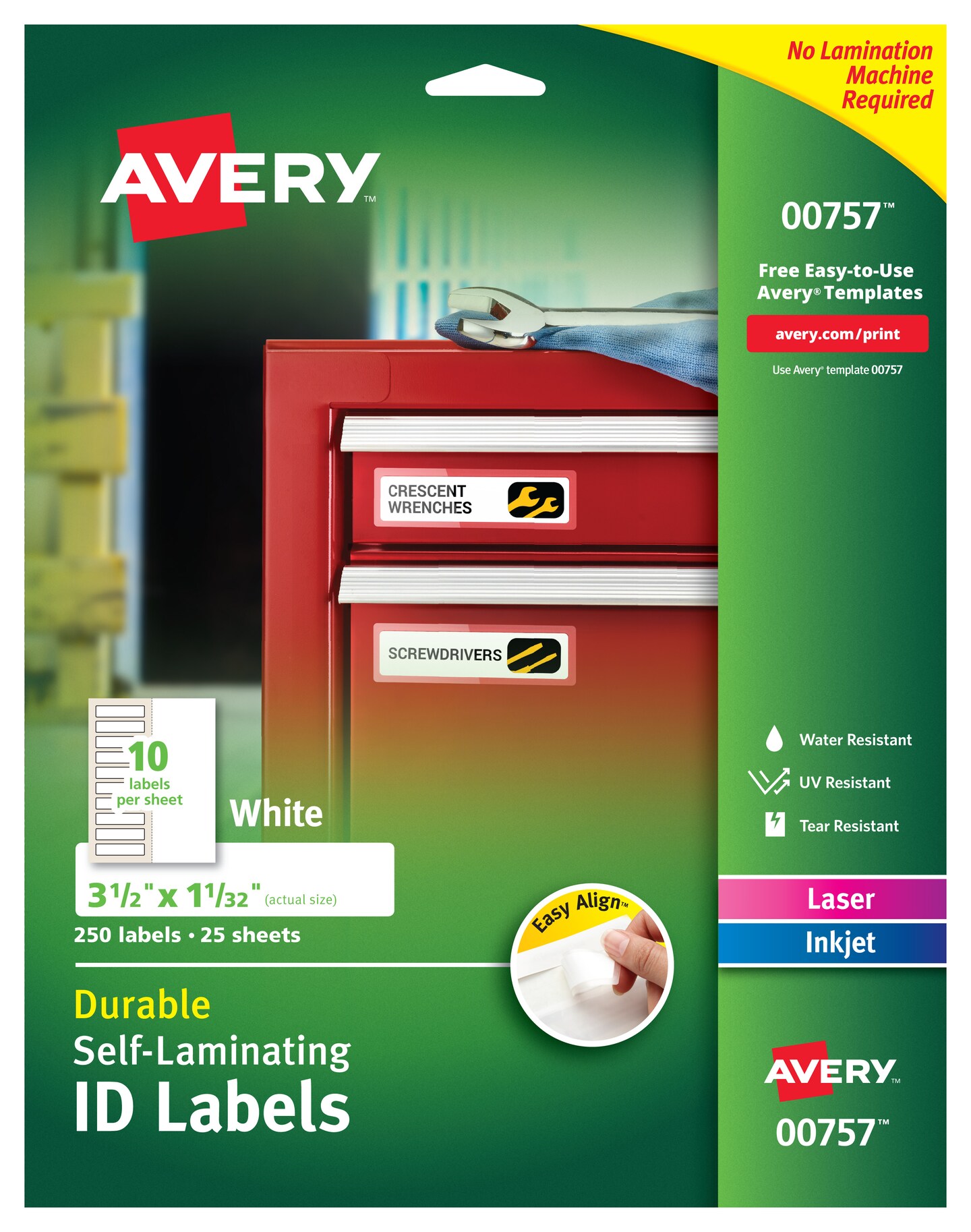 Avery Easy Align Self-Laminating ID Labels, Permanent Adhesive, 1-1/32" x 3-1/2", 250 Labels (00757)