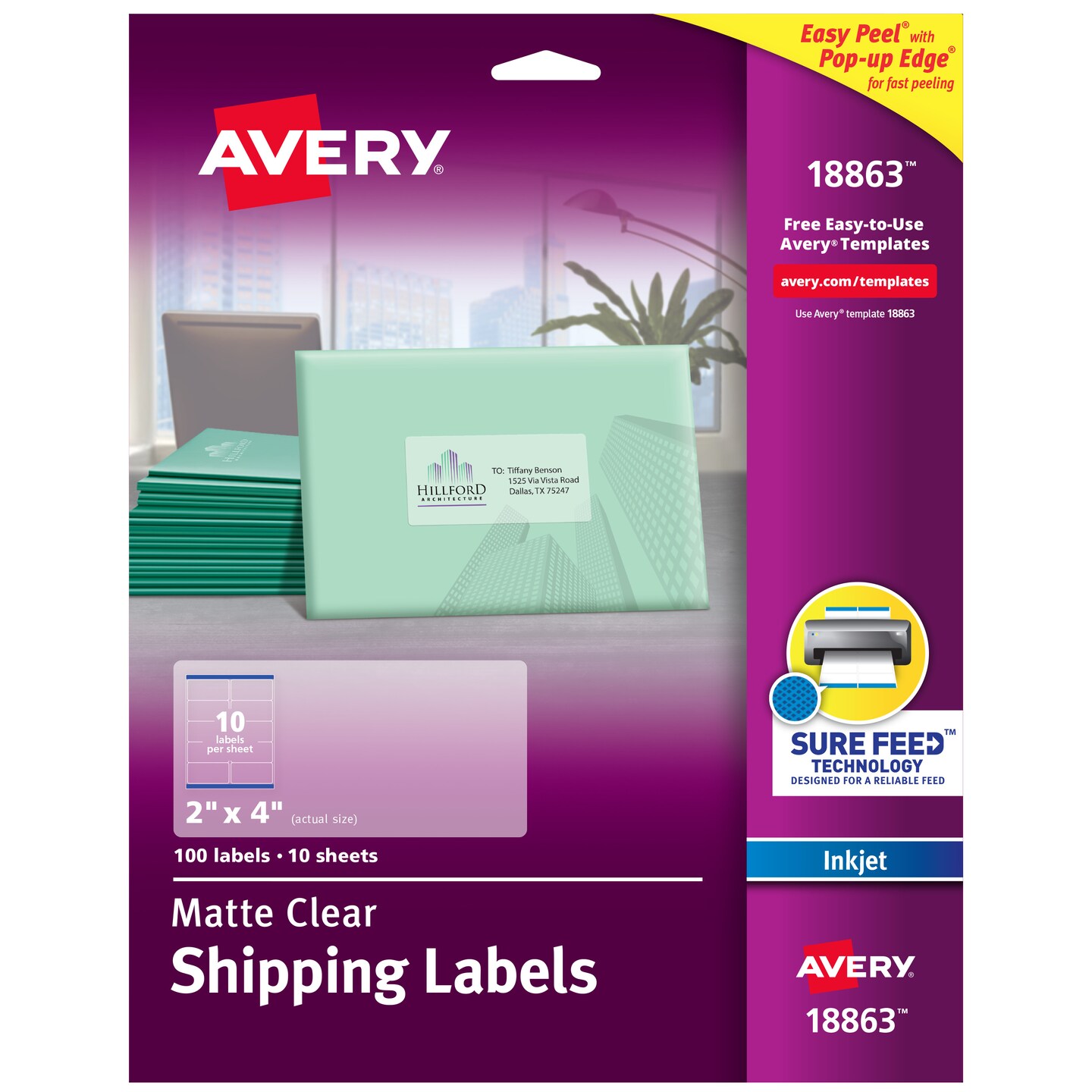 Avery Matte Clear Shipping Labels, Sure Feed Technology, Inkjet, 2&#x22; x 4&#x22;, 100 Labels (18863)