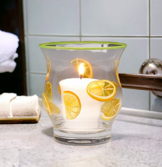 Hand painted glass lemon slice votive jar candle holder, Home D&#xE9;cor, Gift for Her, Gift for Mom, Vanity D&#xE9;cor, Bedroom Decor