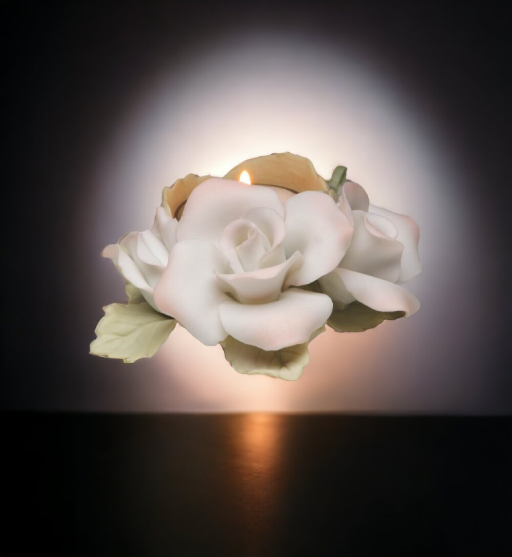 Hand Crafted Ceramic White and Pink Rose Tealight Candle Holder, Wedding D&#xE9;cor, Wedding Gift, Wedding Favor