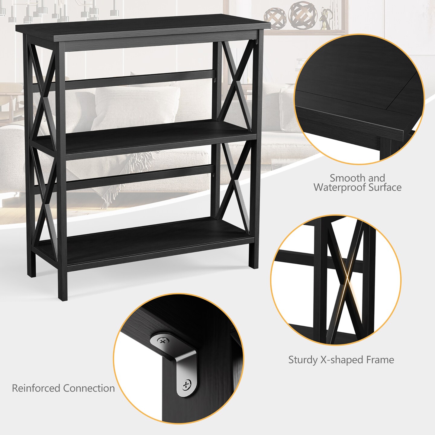 Costway Wooden Shelf Bookcase 3-Tier Open Bookshelf W/X-Design Freestanding Rack BlackBrownNaturalWhite