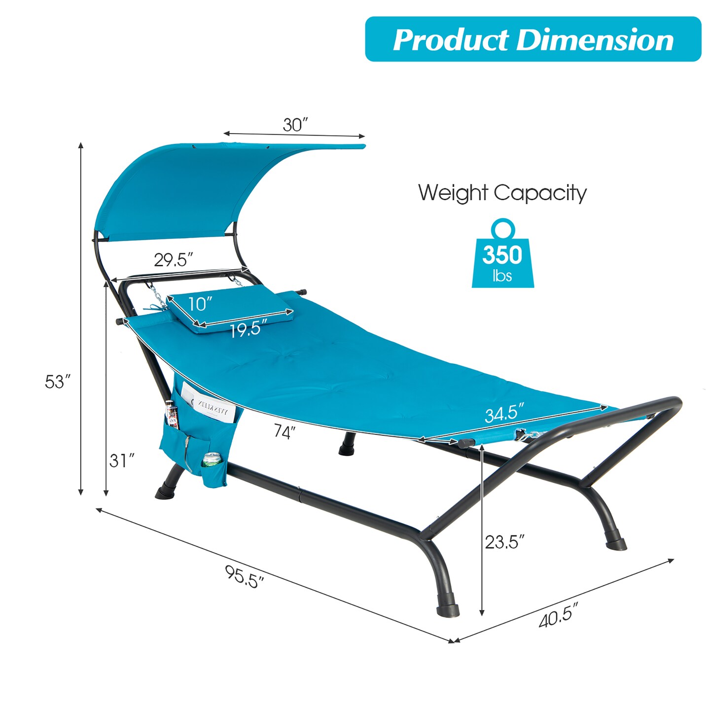 Costway Patio Hanging Chaise Lounge Chair with Canopy, Cushion, Pillow & Storage Bag Blue/Beige/Brown