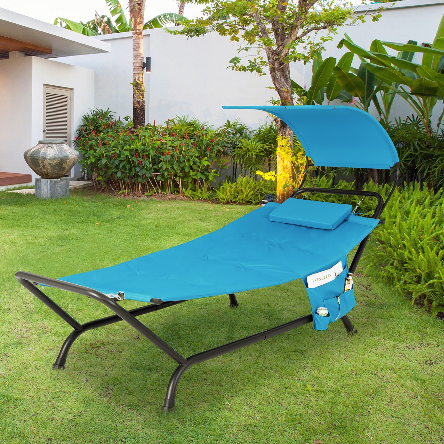 Costway Patio Hanging Chaise Lounge Chair with Canopy, Cushion, Pillow & Storage Bag Blue/Beige/Brown