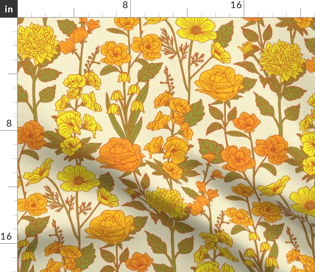 Retro Floral Yellow Orange Green 1970S Flowers Botanical Custom Printed Fabric by Spoonflower Various Fabrics by the Yard or Fat Quarter