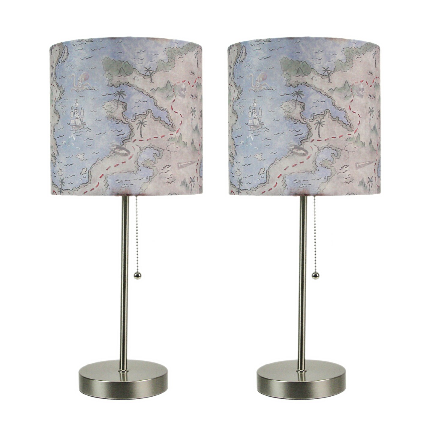 Decorative Treasure Map Brushed Nickel Accent Lamp Coastal Pirate Beach Set of 2