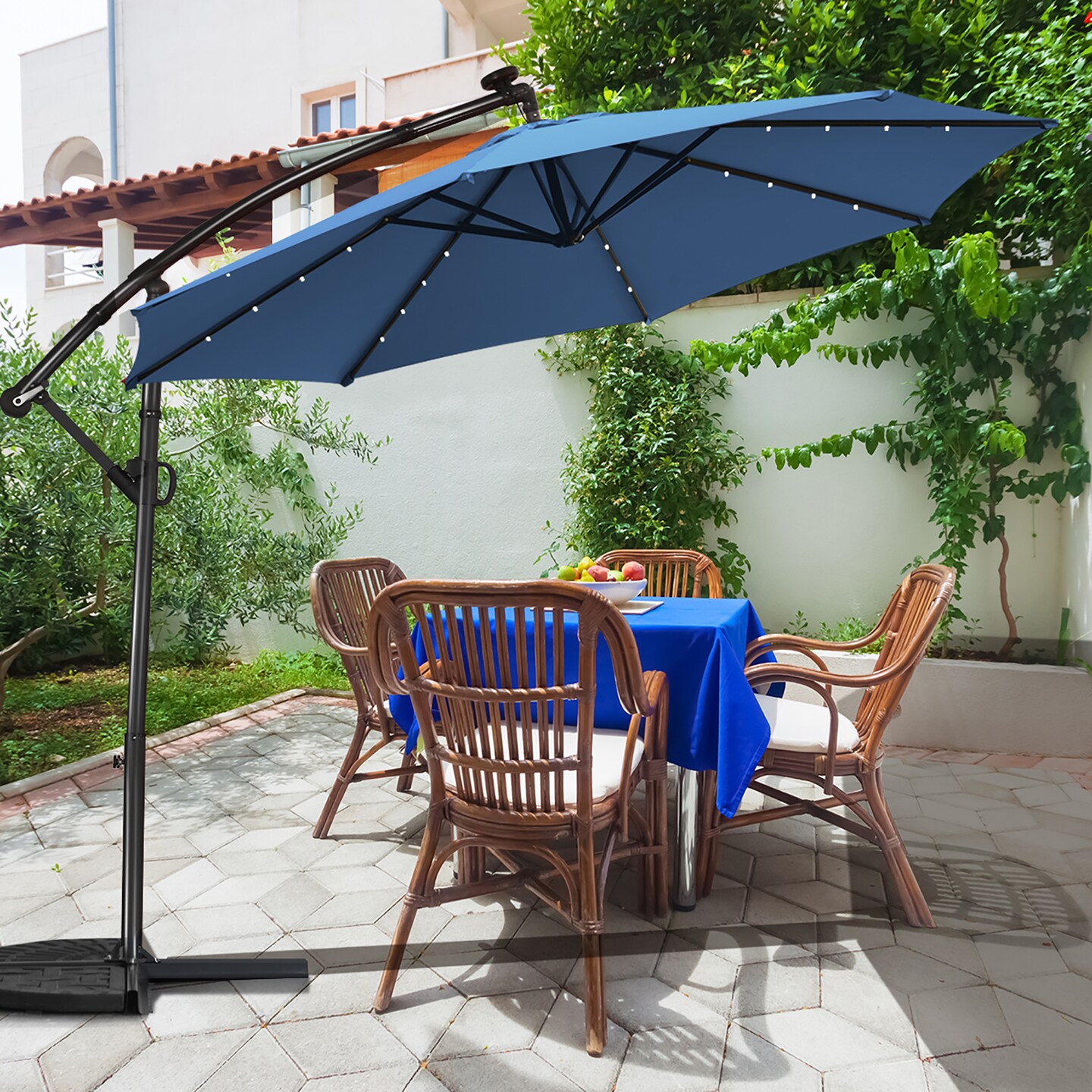 Costway 10FT Patio Offset Umbrella Solar Powered LED 360Degree Rotation Aluminum Blue