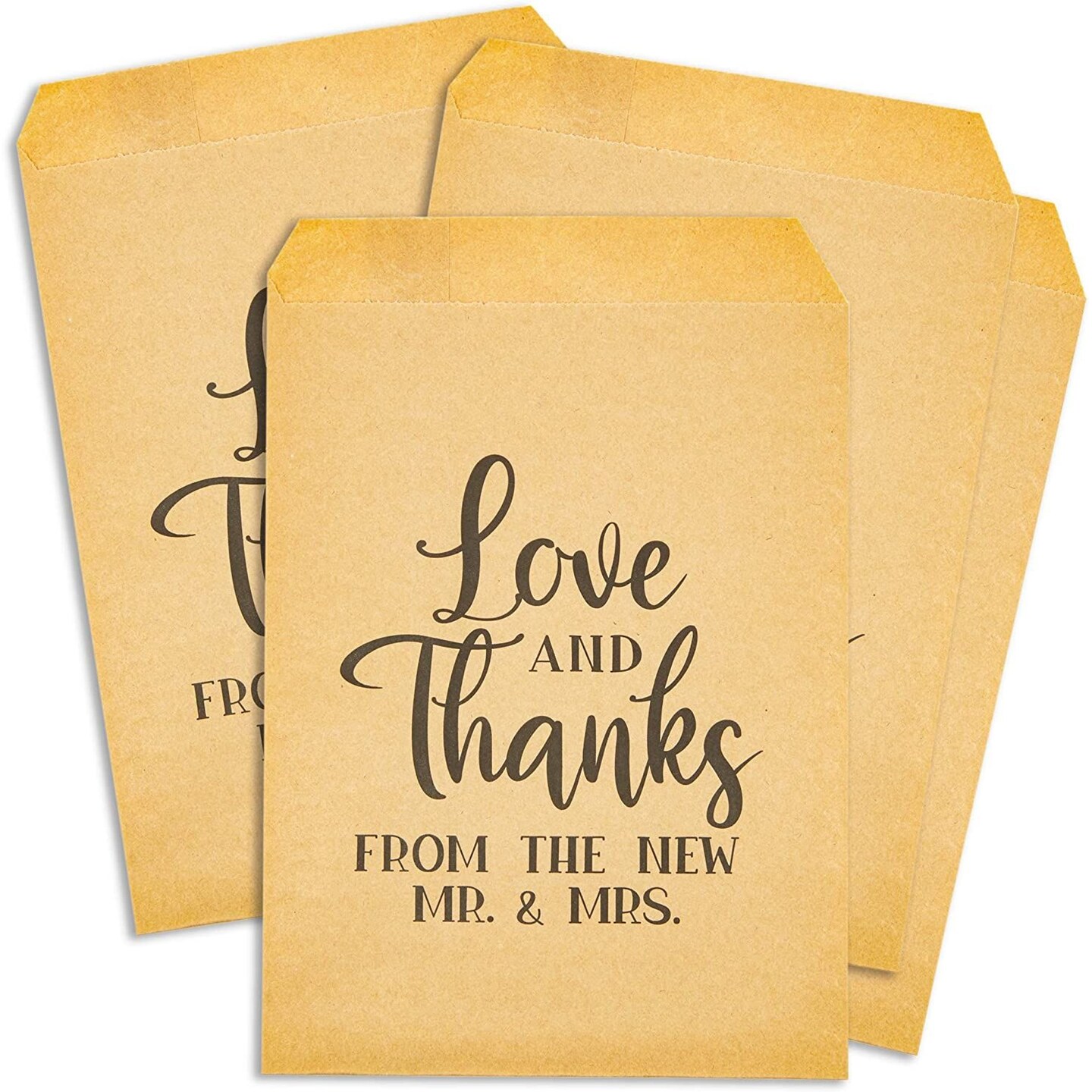 100 Pack Wedding Candy Bags for Guests - Love and Thanks Kraft Paper Party Favor Bag for Treats, Buffet (5x7.5 in)