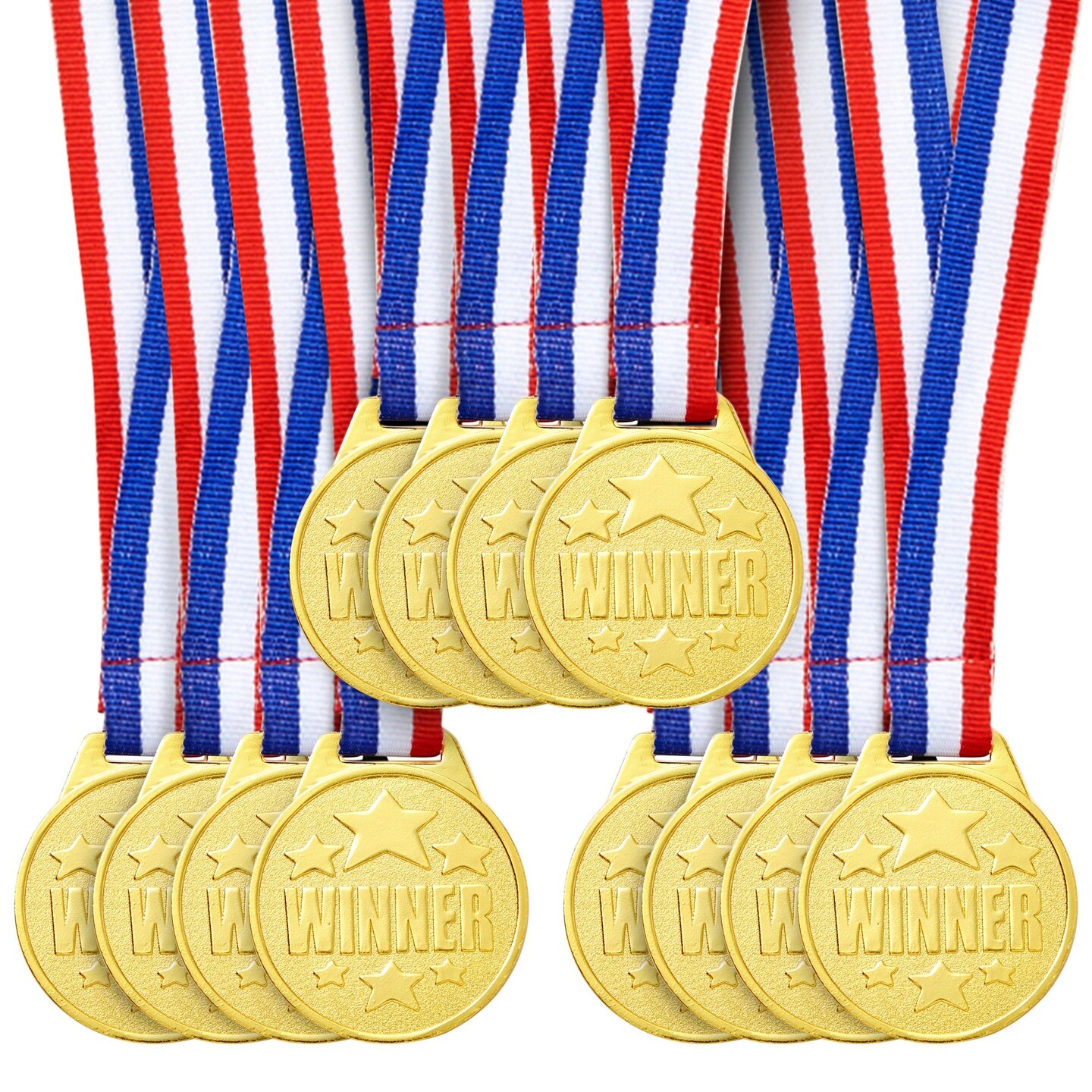 12 Pack Gold Winning Metal Awards Medal for Contests, 1.5&#x22; Diameter with Neck Ribbon for Sports Game Participation, Tournaments, and Competitions for Kids and Adults