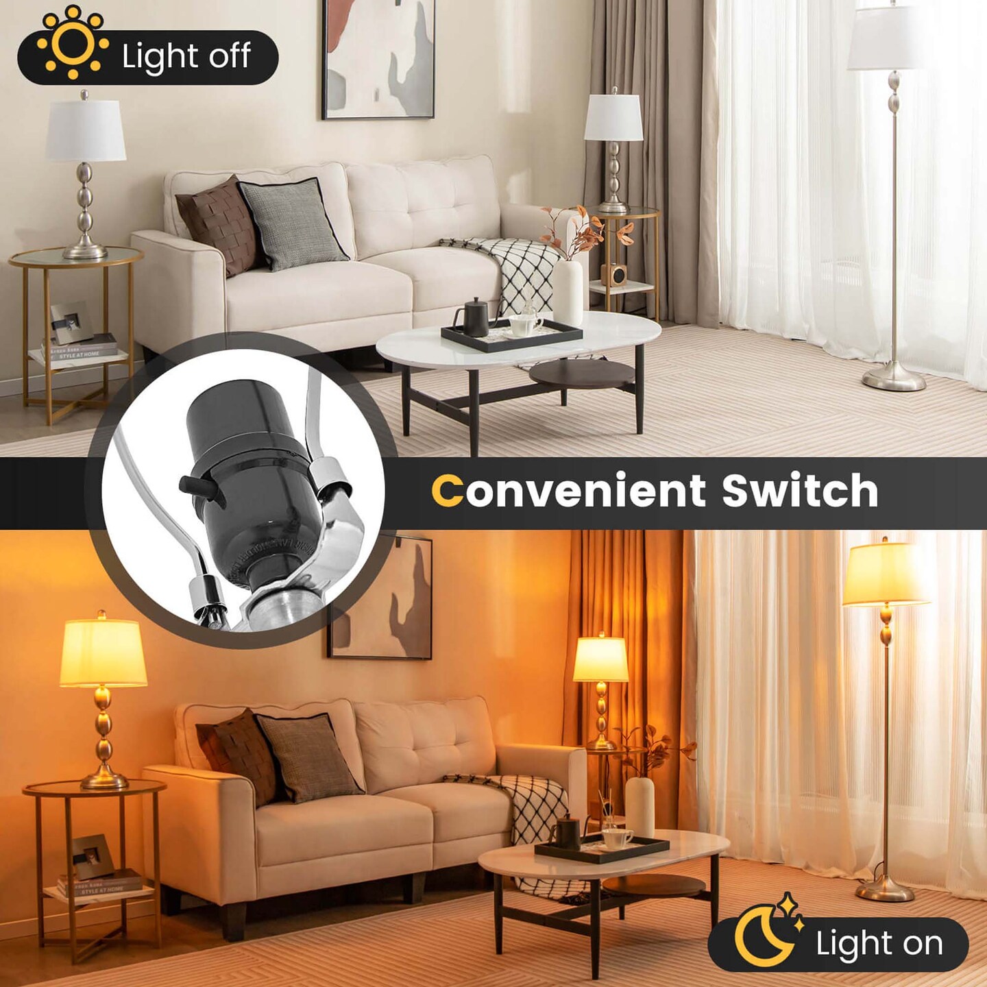 Costway 3 Pack Lamp Set Table & Floor Lamp with Weighted Base & Eye-Protecting Lamp Shade