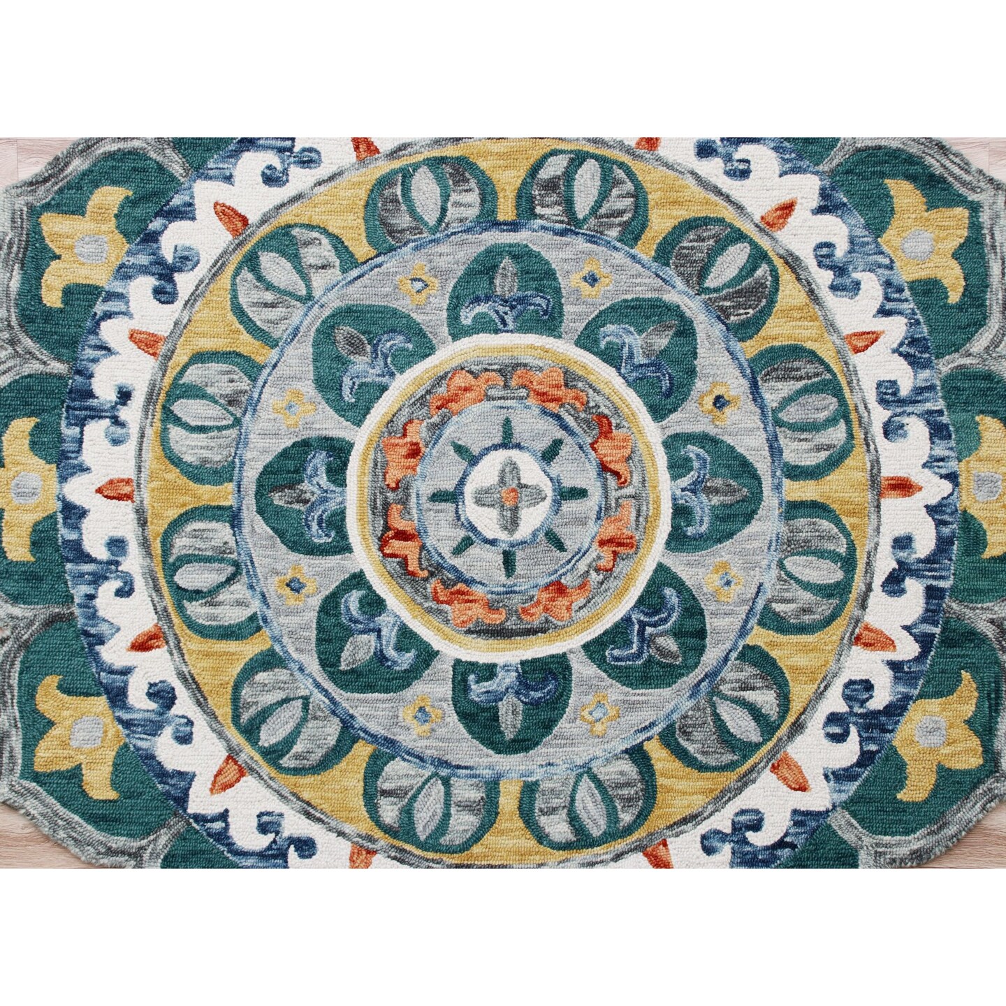 Laddha Home Designs 4' Teal Blue and Yellow Hand Hooked Mandala Medallion  Round Wool Area Throw Rug