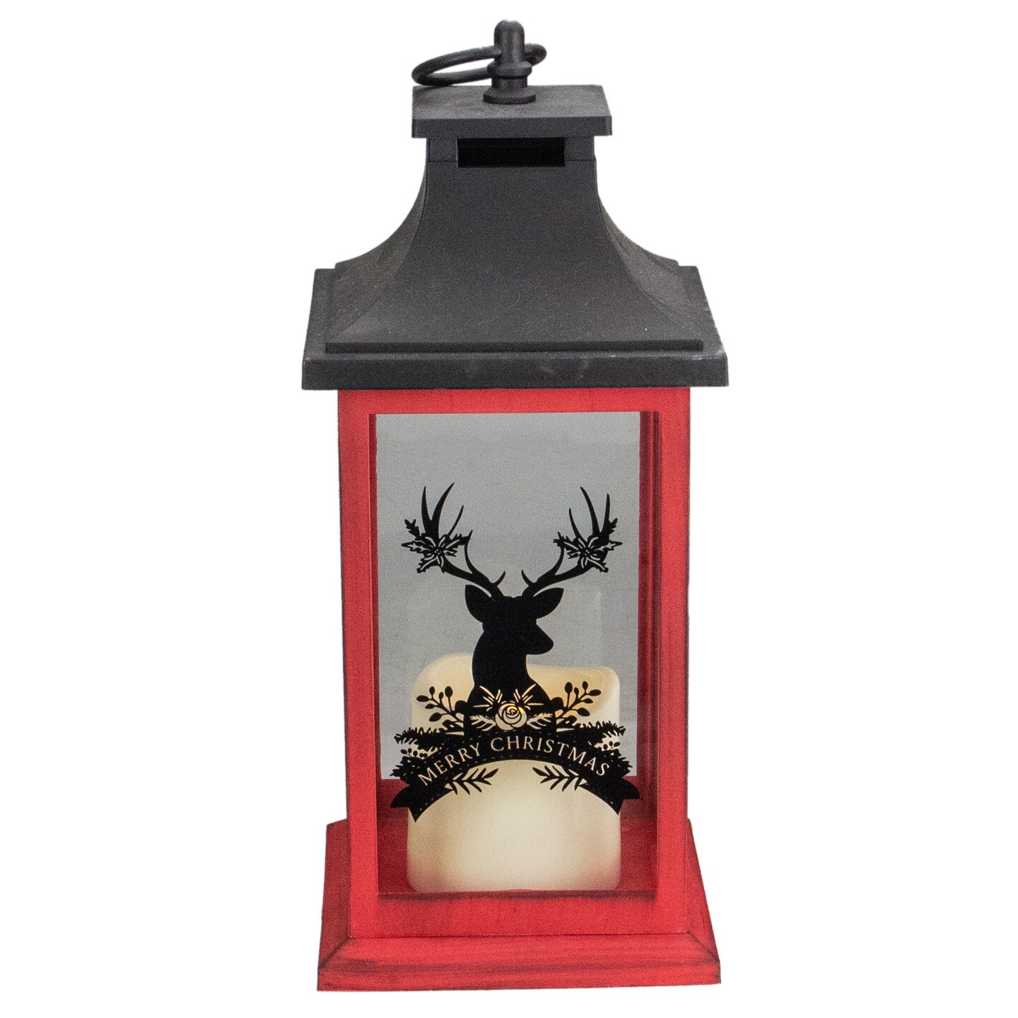Northlight 12&#x22; Red and Black LED Candle With Deer Christmas Lantern