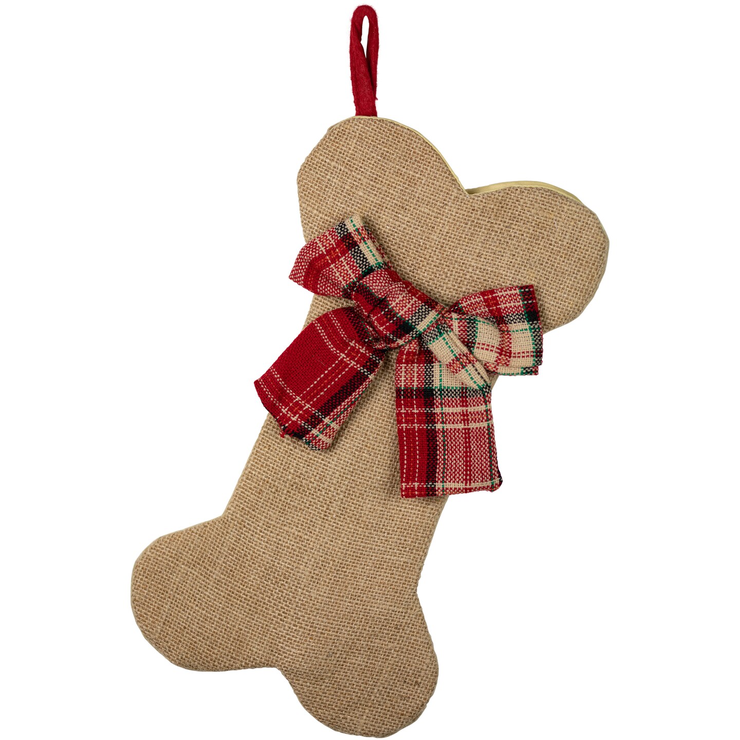 Northlight 14&#x22; Brown Burlap Dog Bone Christmas Stocking with Red Plaid Bow