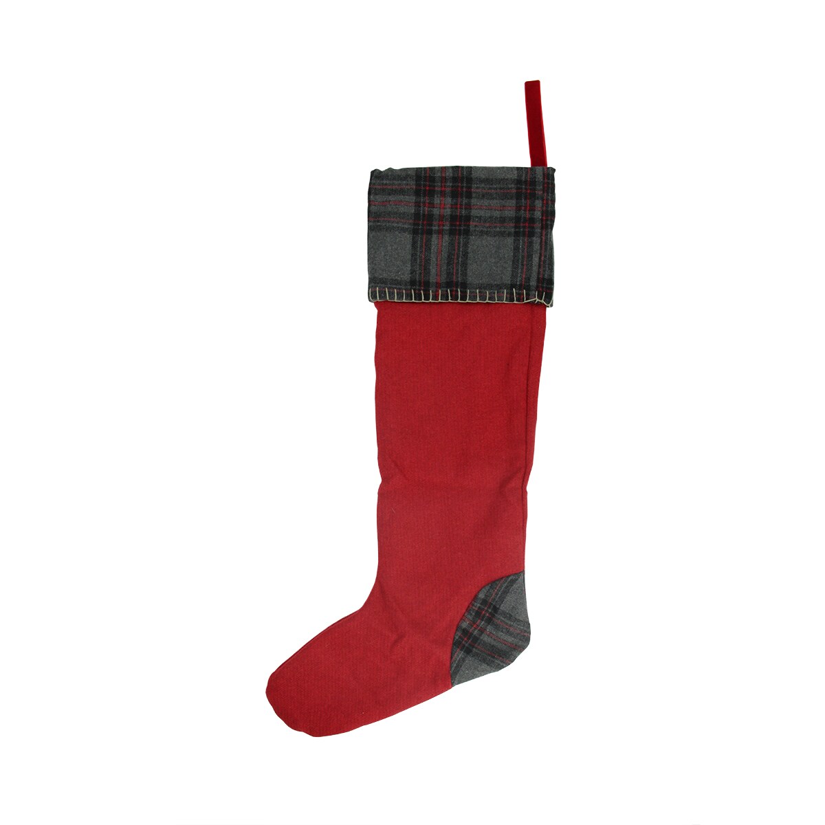 CC Christmas Decor 28" Rustic Chic Red Decorative Wool Christmas Stocking with Gray Plaid Cuff