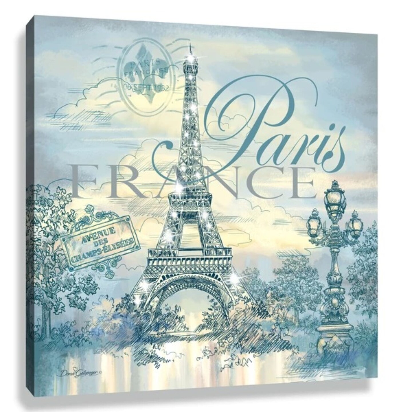 Glow Decor Cream White and Gray Eiffel Tower with Swarovski Crystals Square Pizazz Wall Art Decor 10&#x22; x 10&#x22;