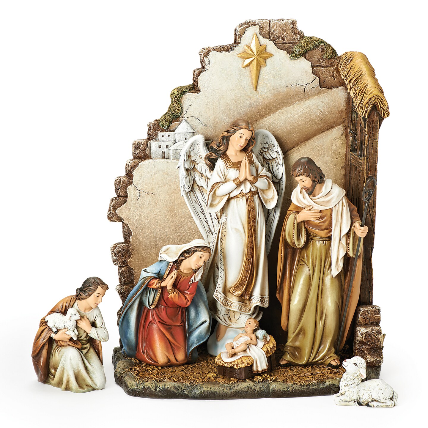 Roman 7-Piece Brown Joseph&#x27;s Studio Nativity with Back Wall Christmas Table Top Decoration 12