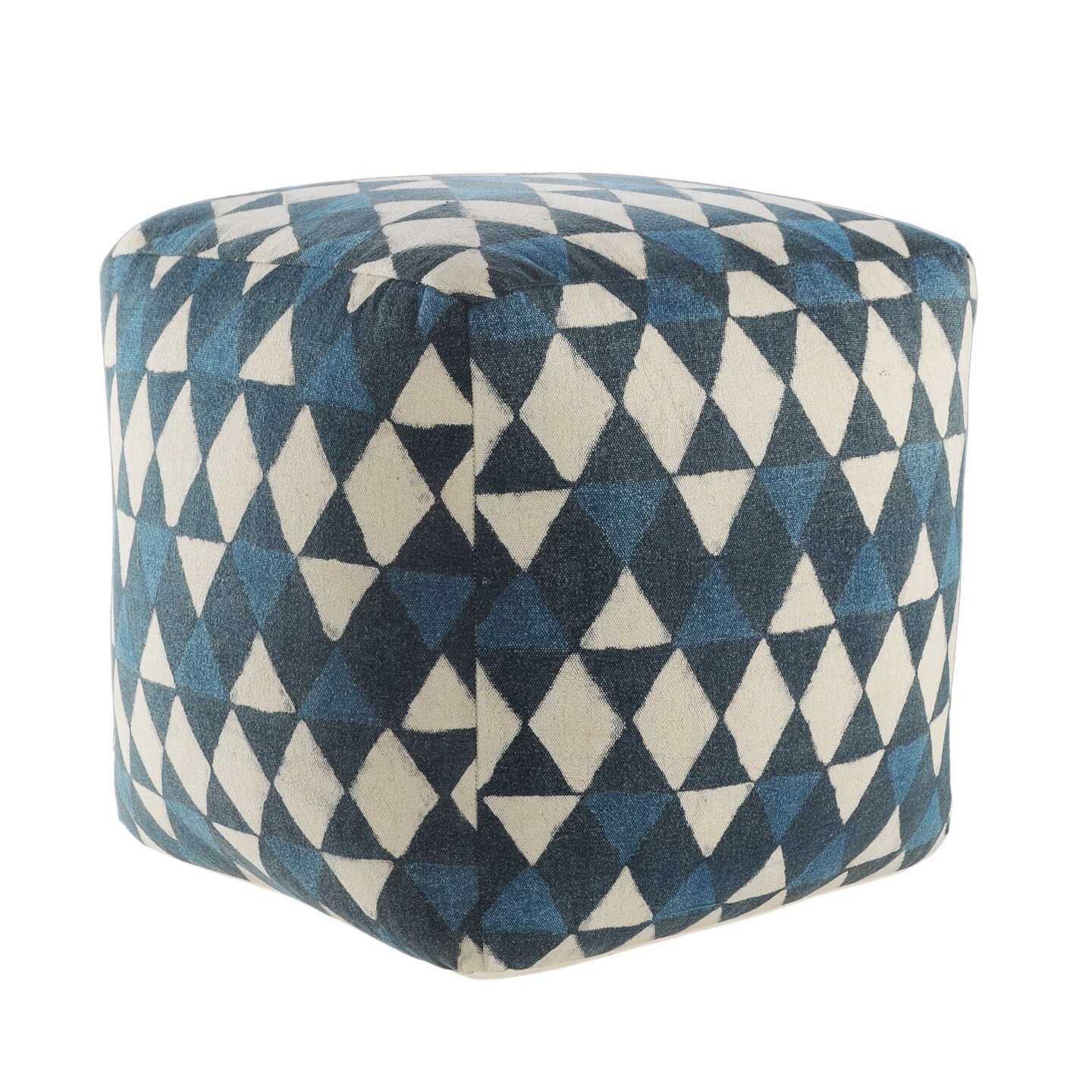 Laddha Home Designs 20" Navy Blue and Beige Geometric Handmade Square Pouf Ottoman