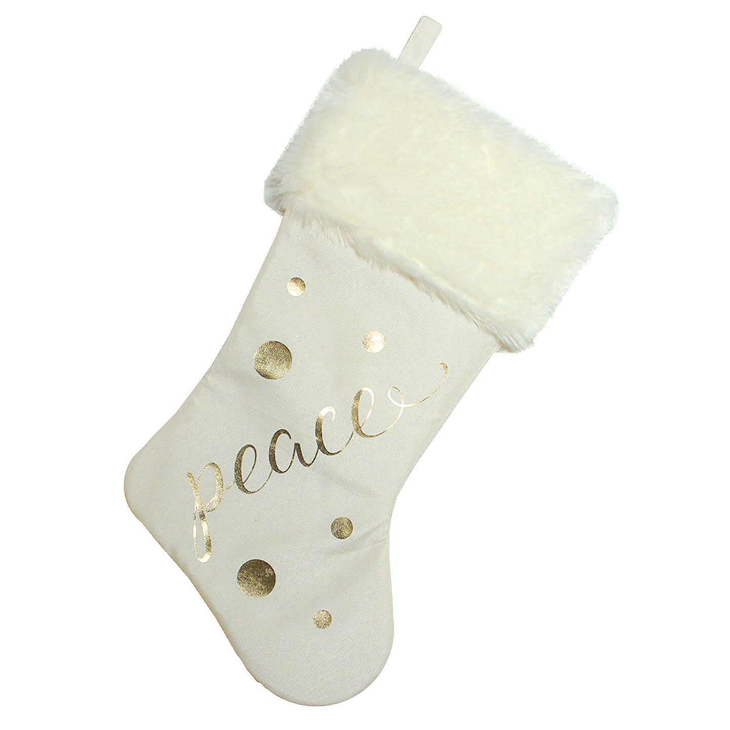 Northlight 19" Ivory White Gold Foil "Peace" Christmas Stocking with White Faux Fur Cuff