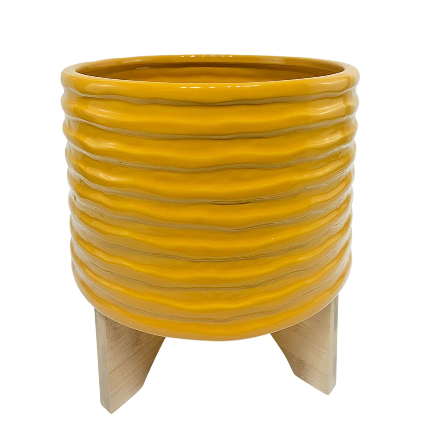 Kingston Living Groove Textured Ceramic Planter with Stand - 8&#x22; - Yellow and Beige