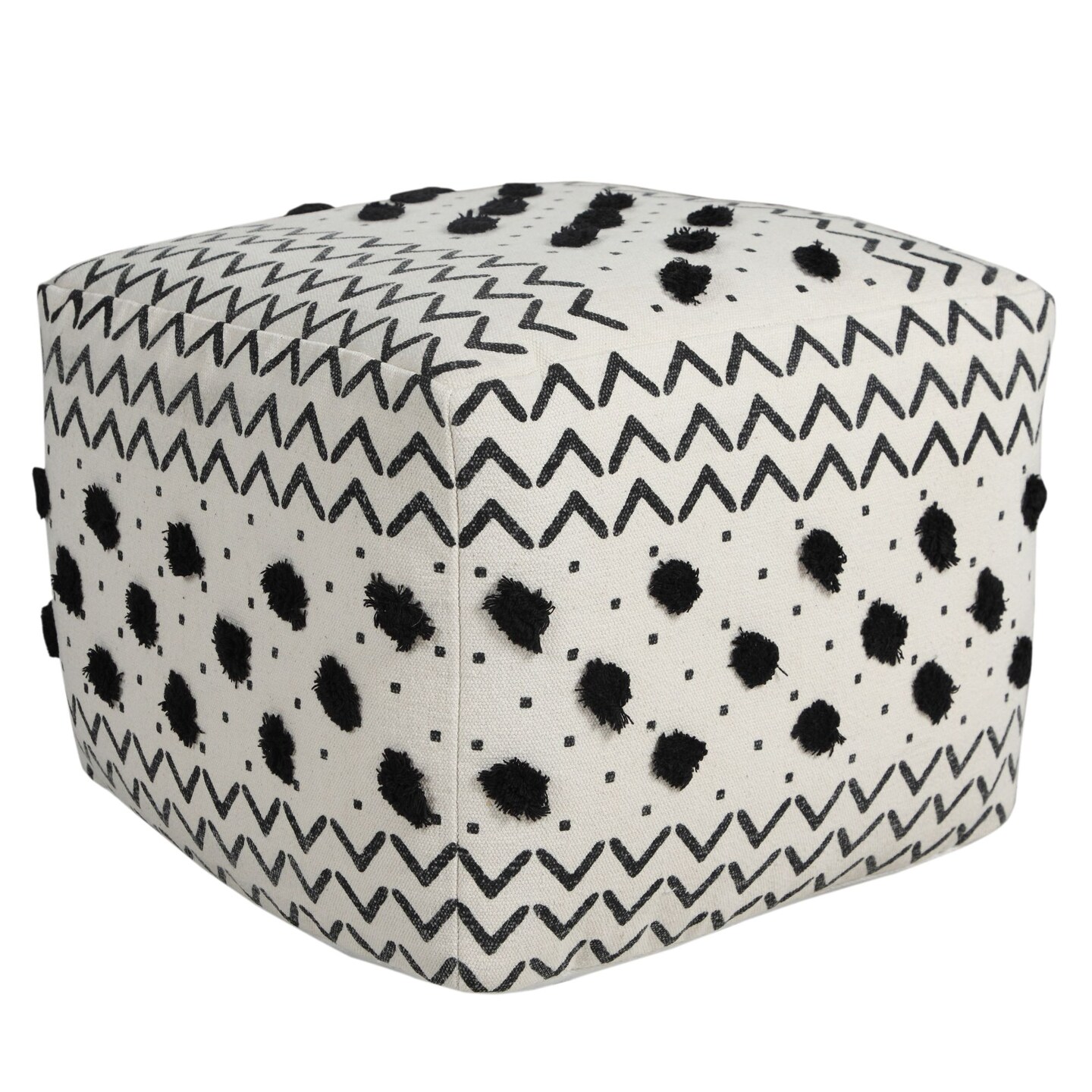 Laddha Home Designs 18" White and Black Geometric Arrow Square Pouf Ottoman