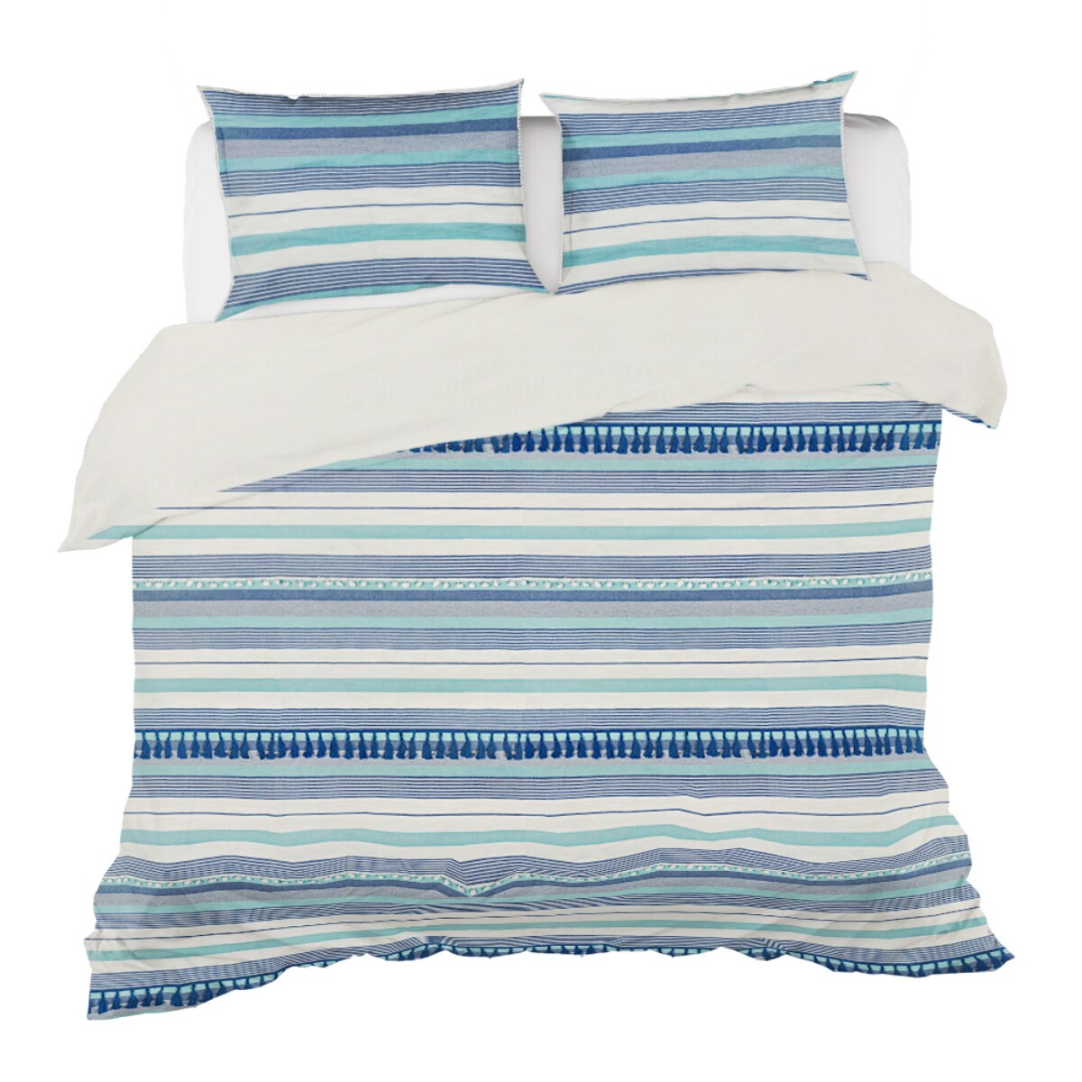 Contemporary Home Living 104&#x22; Blue and White Boho Striped Duvet Cover Set - King Size
