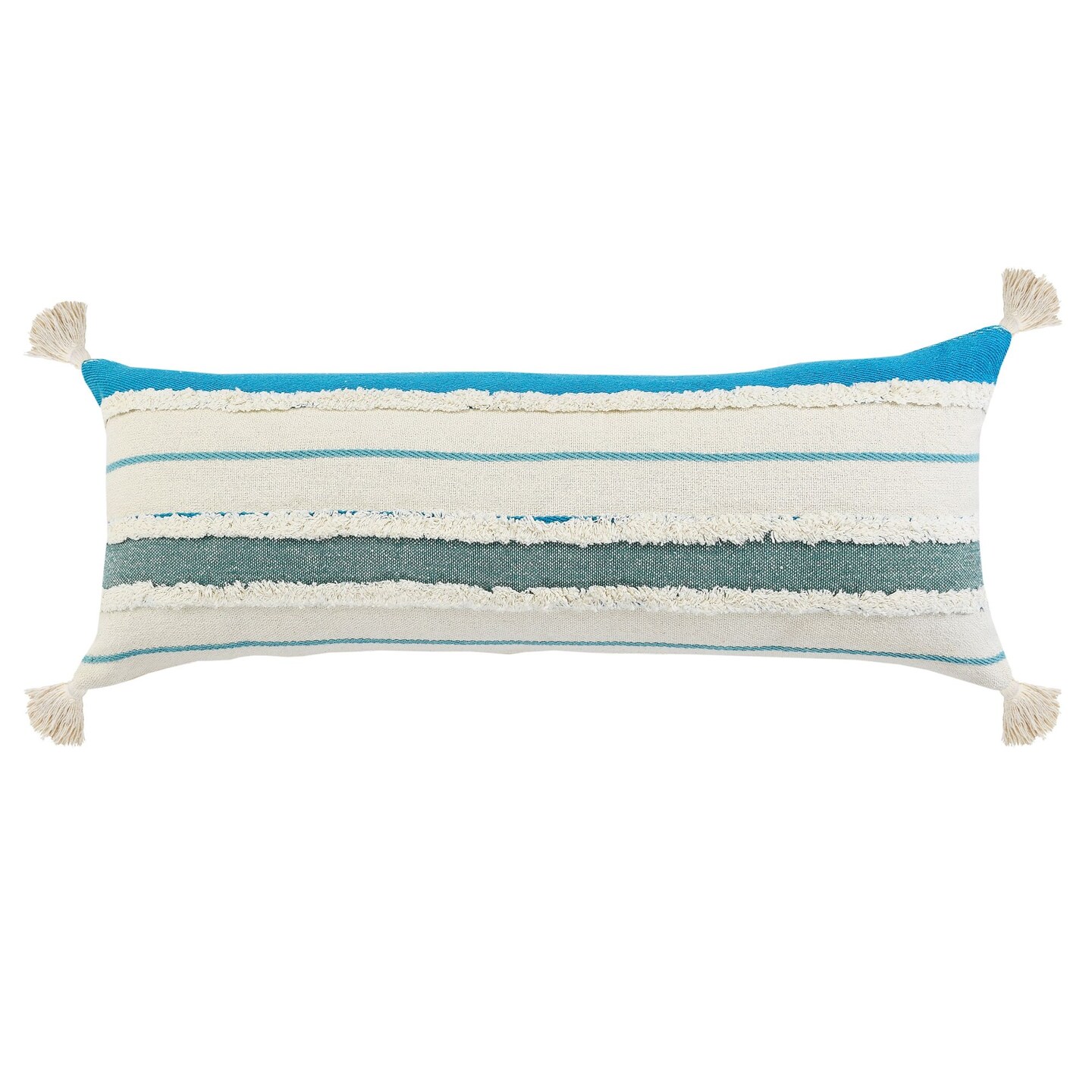 Laddha Home Designs 36" Turquoise and White Striped Hand Loomed Rectangular Lumbar Pillow