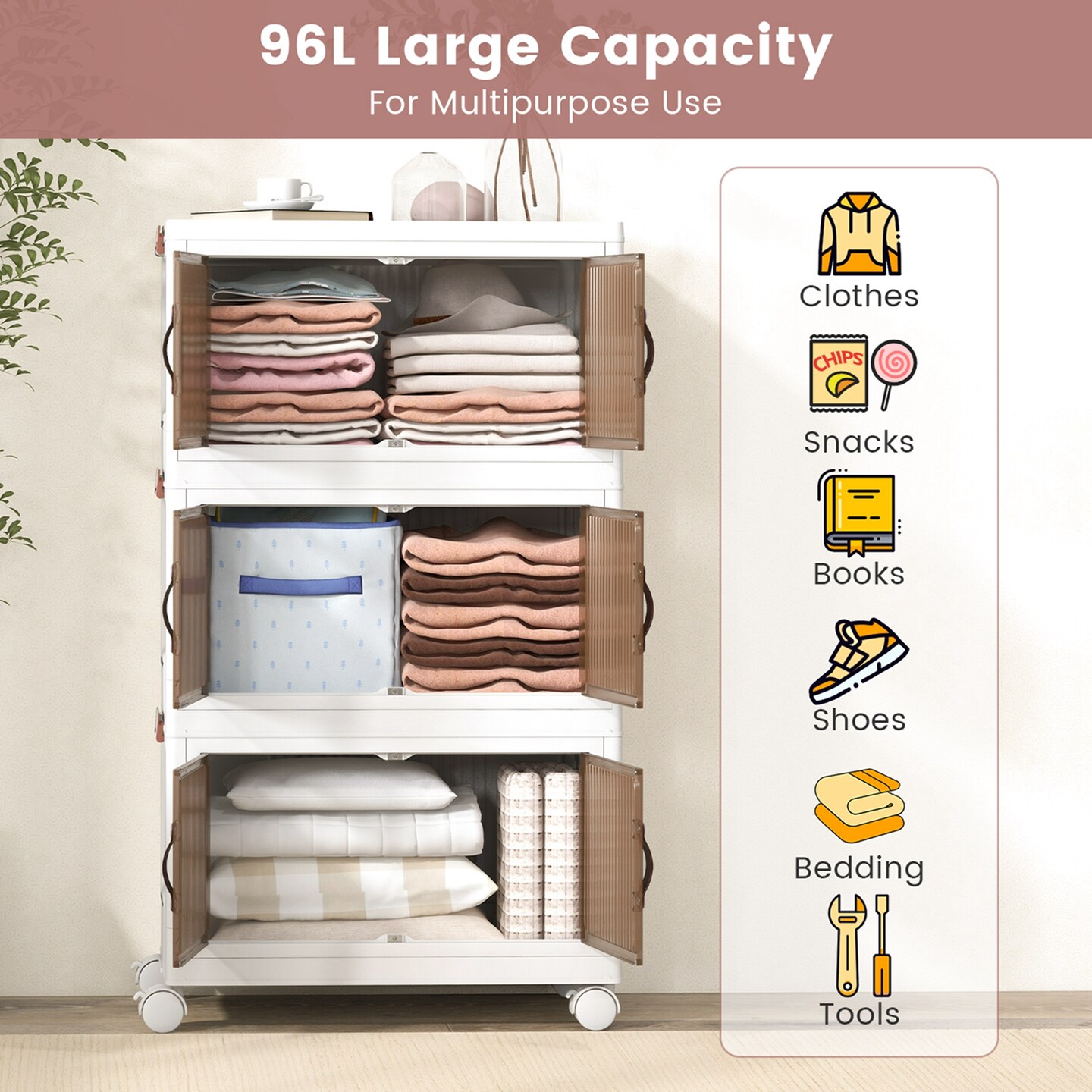 Costway 25.5/60 Gallon Storage Bins 3-Tier Stackable Storage Boxes with Lid Lockable Casters