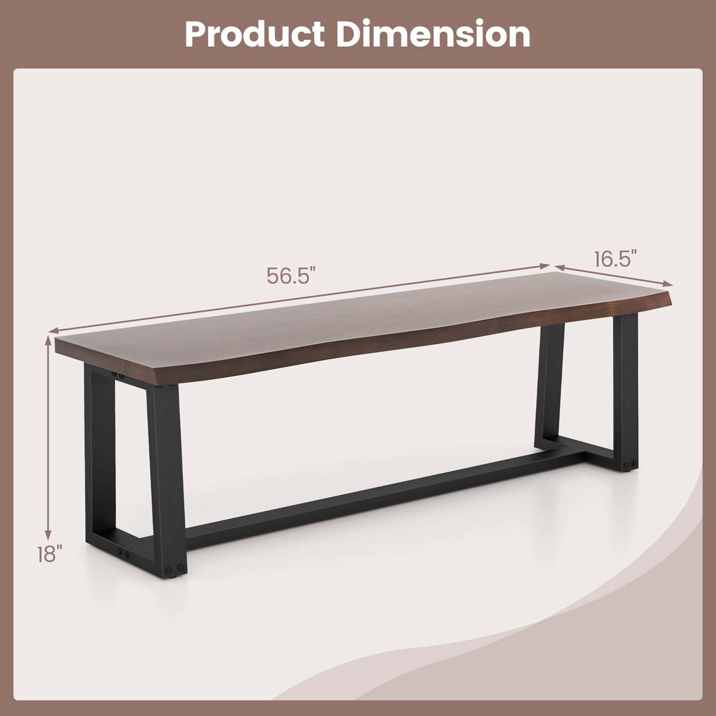 Costway 56.5&#x22;L Large Table Bench Wood Dining Bench with Wavy Edge &#x26; Metal Frame Coffee/Black