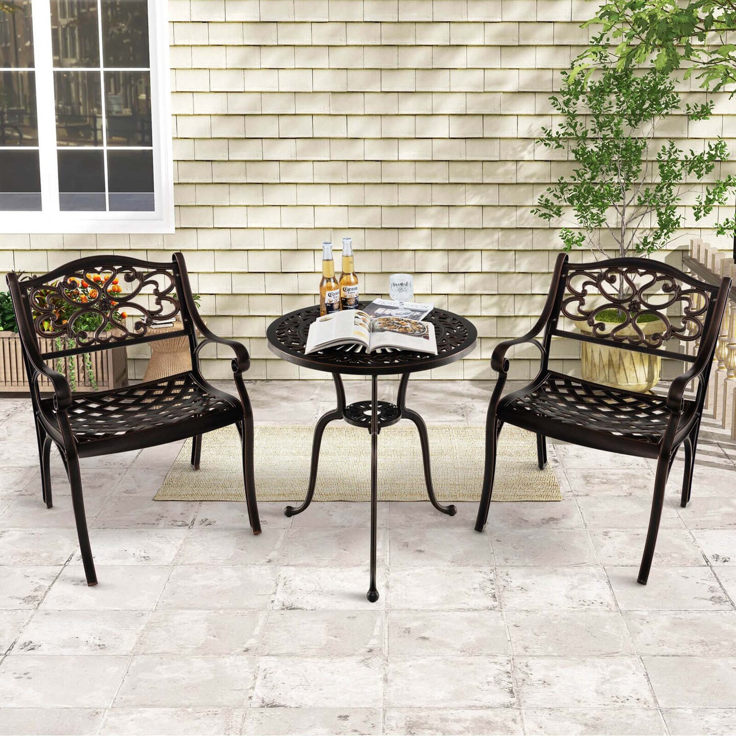 Costway 2/4 PCS Cast Aluminum Patio Chairs Set of 2 All Weather Outdoor Dining Chairs with Armrests Bronze