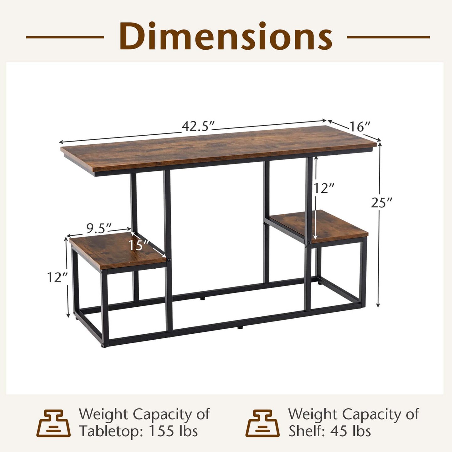 Costway Rustic TV Console Table for 50&#x22; TVs Industrial Sofa Table with Open Storage Shelves Rustic Brown
