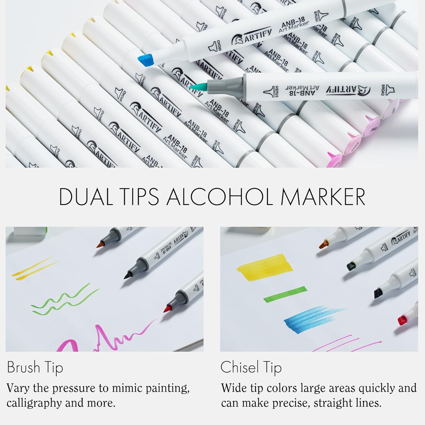 ARTIFY Alcohol Brush Markers, Brush &#x26; Chisel Dual Tips Professional Artist Markers, Drawing Marker Set with Carrying Case for Adult Coloring and Drawing Media for Beginner or Experienced Artists