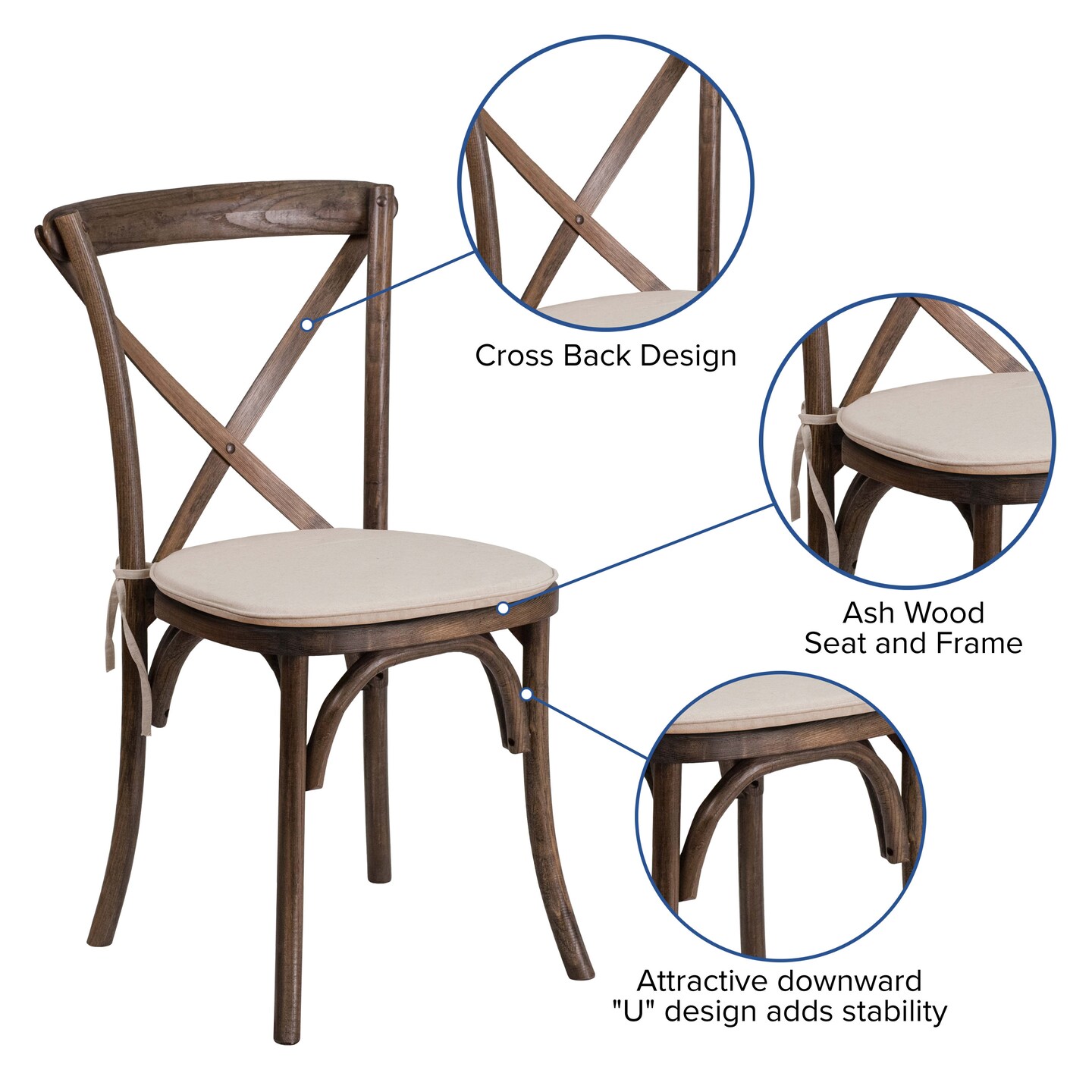 Merrick Lane Davisburg Stackable Wooden Cross Back Bistro Dining Chair with Cushion