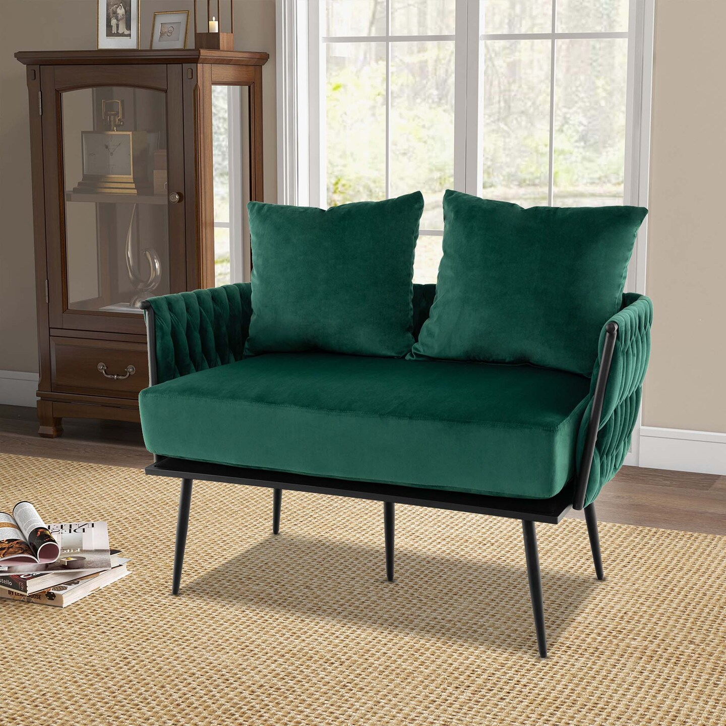 Costway Modern Loveseat Sofa Upholstered Dutch Velvet Couch with Woven Back &#x26; Arms Green/Grey