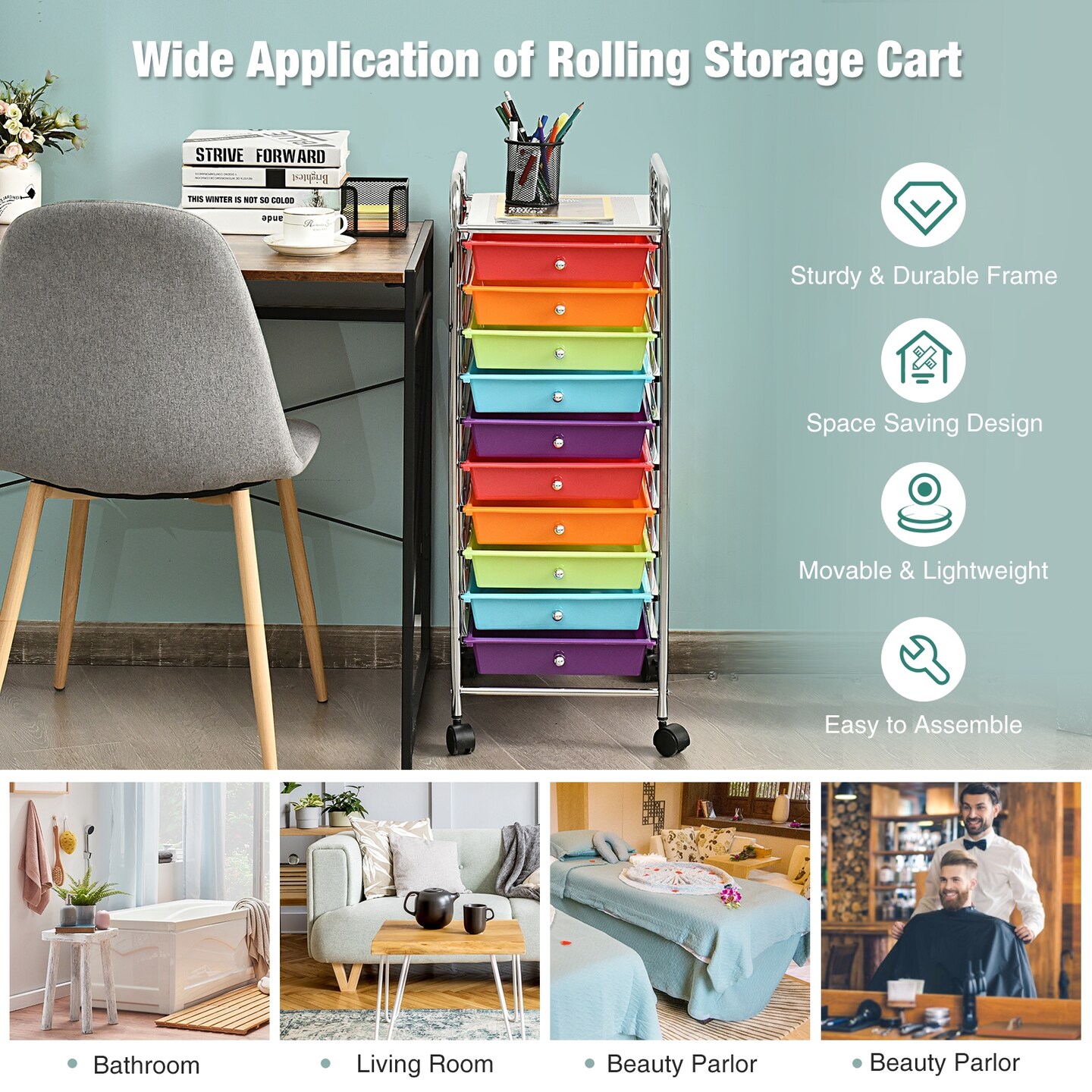 10 Drawer Rolling Storage Cart Organizer with 2 Lockable Casters