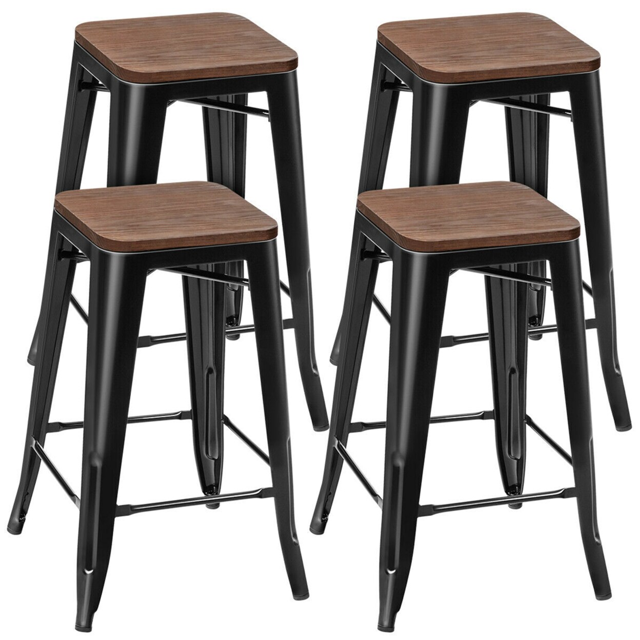 Set Of 4 Counter Height Backless Barstool 26 Metal Stackable Stool W/Wood Seat