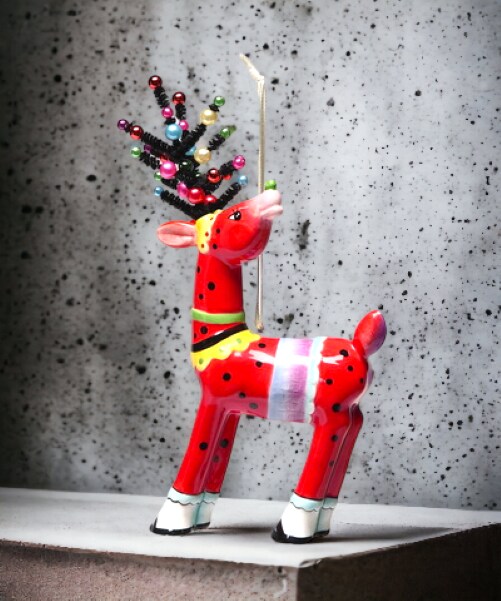 Ceramic Dotted Red Reindeer with Beaded Antlers, Home D&#xE9;cor, Gift for Her, Gift for Mom, Kitchen D&#xE9;cor, Christmas D&#xE9;cor