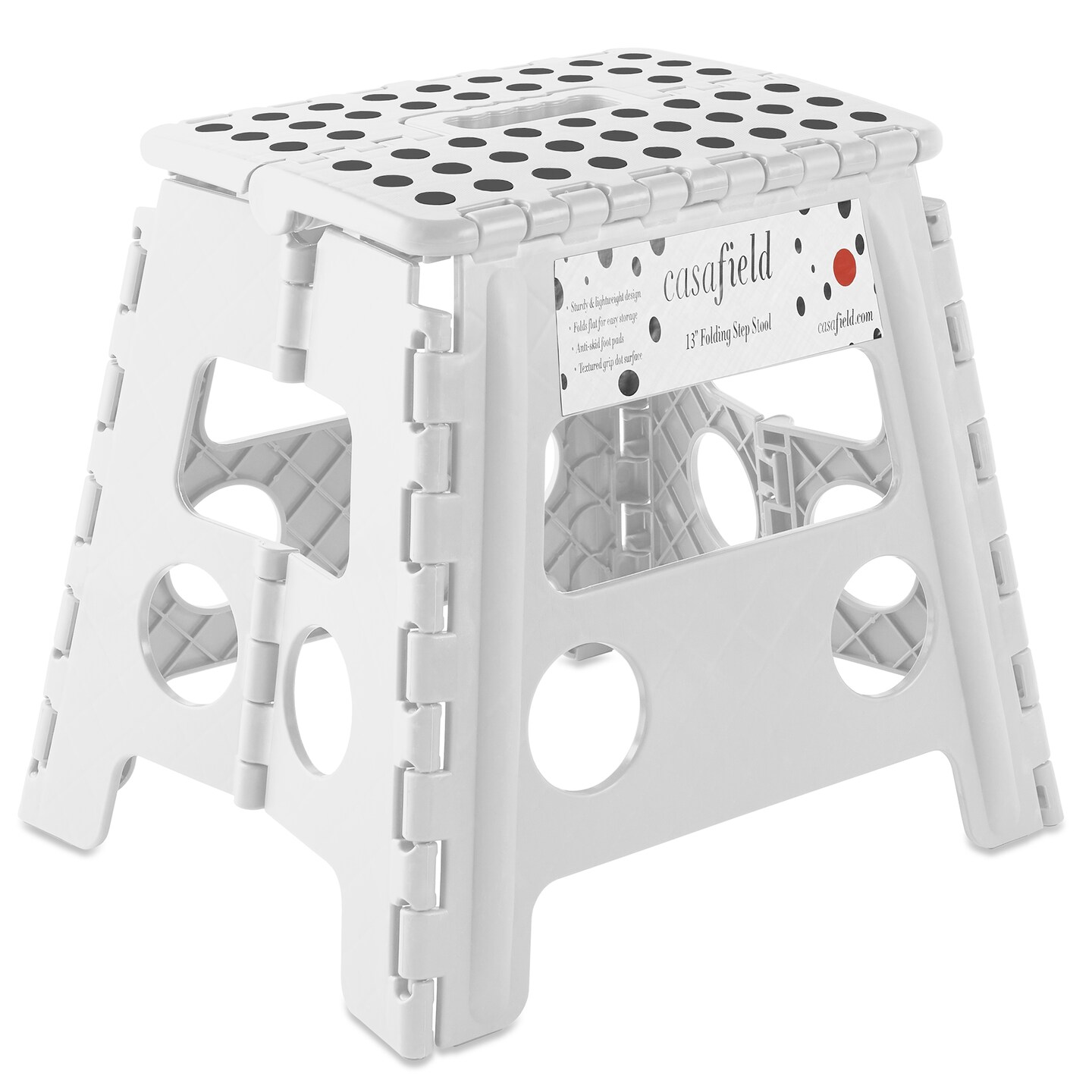 Casafield 13&#x22; Folding Step Stool with Handle, White - Portable Collapsible Small Plastic Foot Stool for Adults - Use in the Kitchen, Bathroom and Bedroom