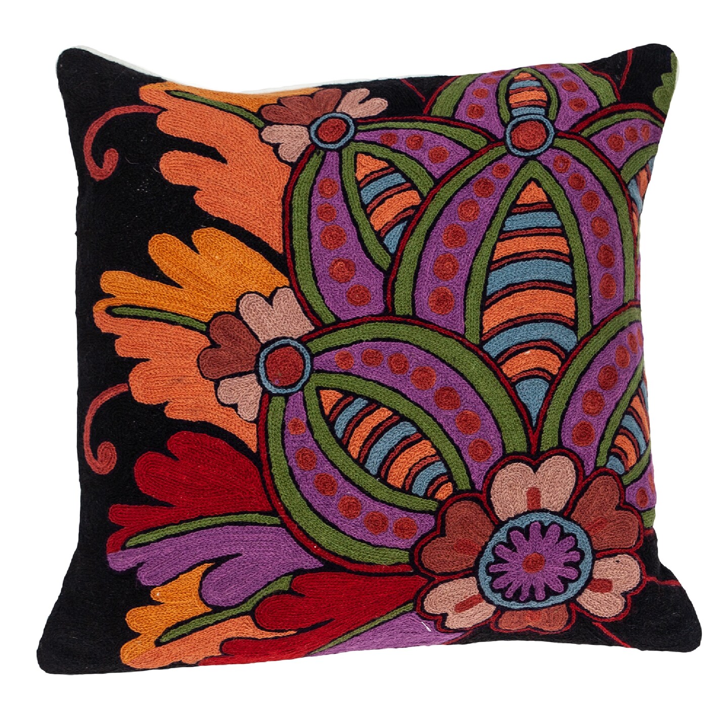 Nassau Collection 20" Black and Red Embroidered Floral Square Throw Pillow