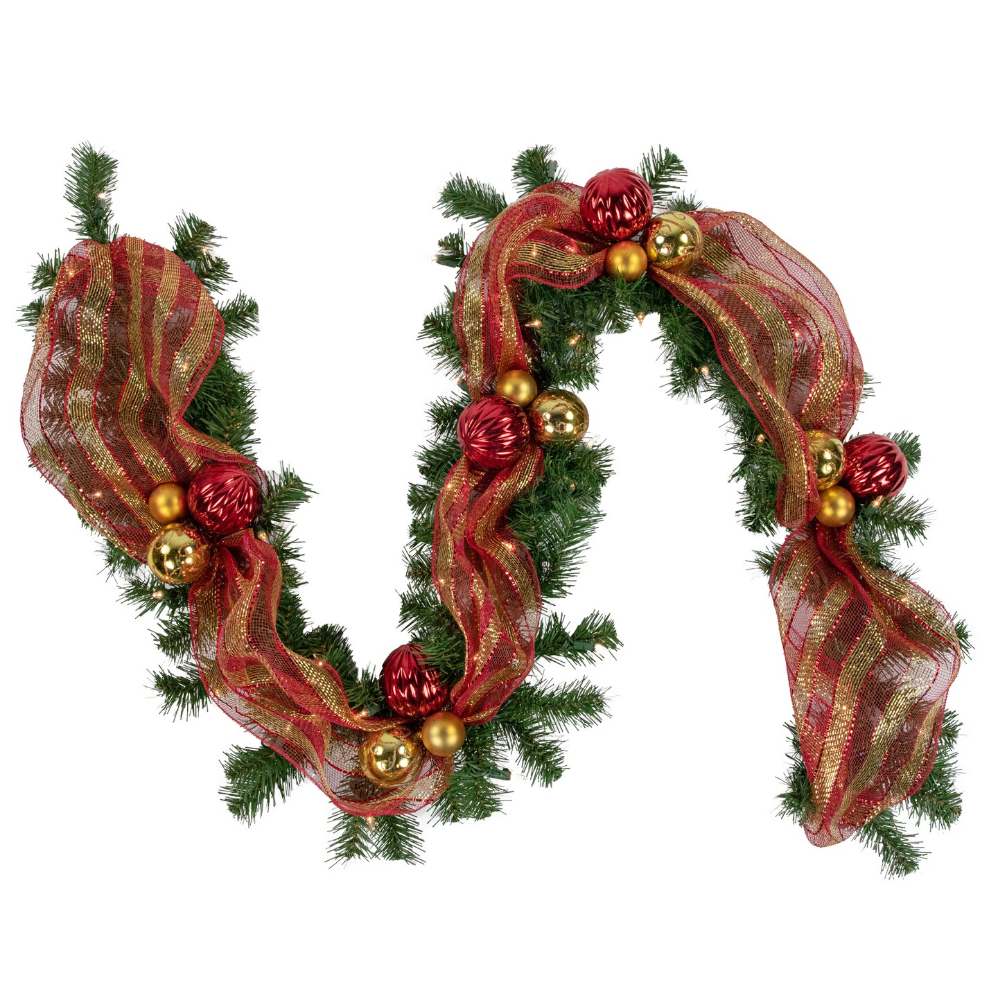 Northlight 6ft Pre-Lit Decorated Red and Gold Artificial Christmas Garland, Clear Lights
