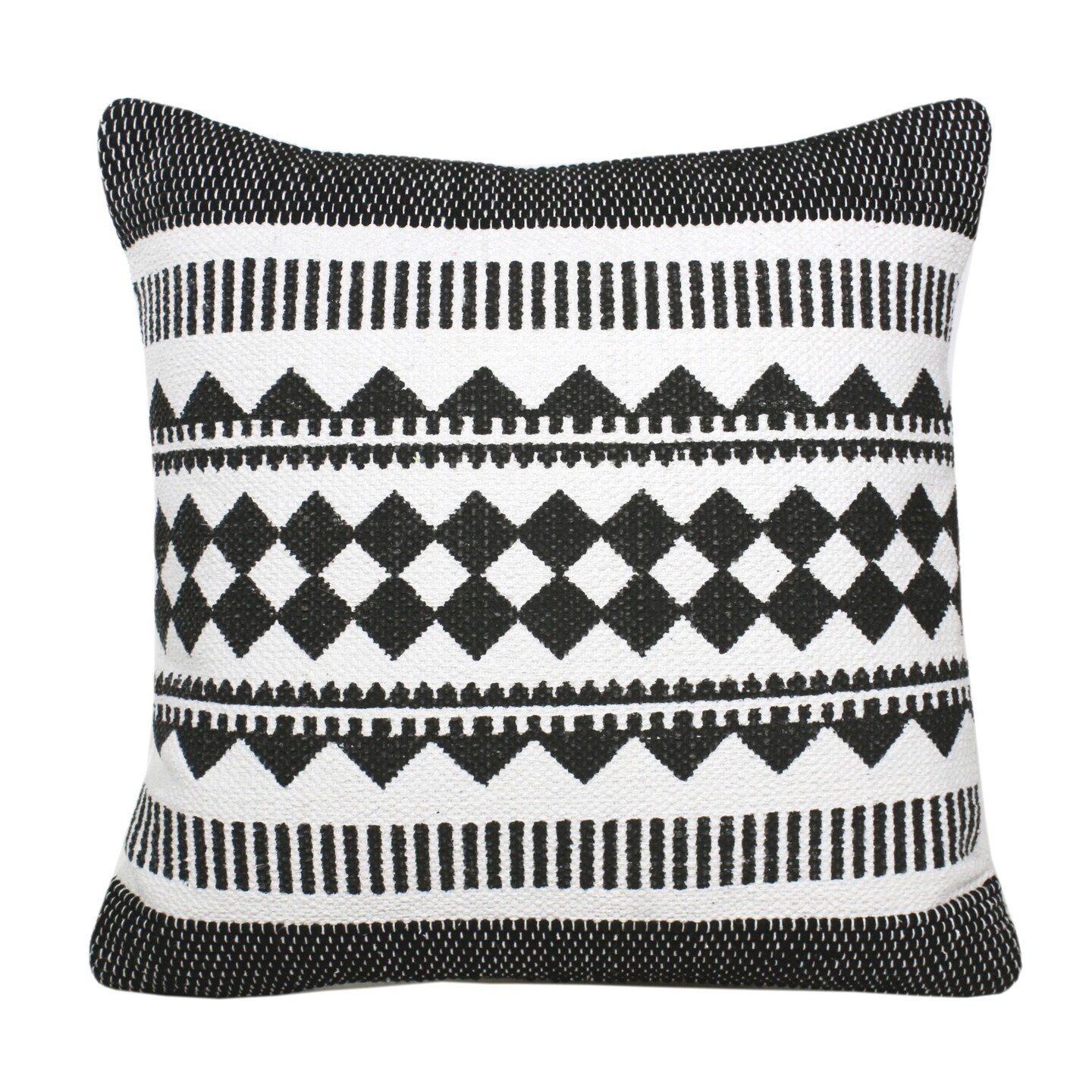 Laddha Home Designs 20" Black and White Bordered Mosaic Geometric Striped Square Throw Pillow