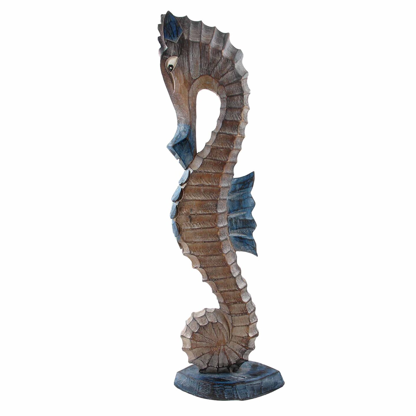 Stoneage Arts Inc 20&#x22; Blue and Brown Wooden Seahorse Statue