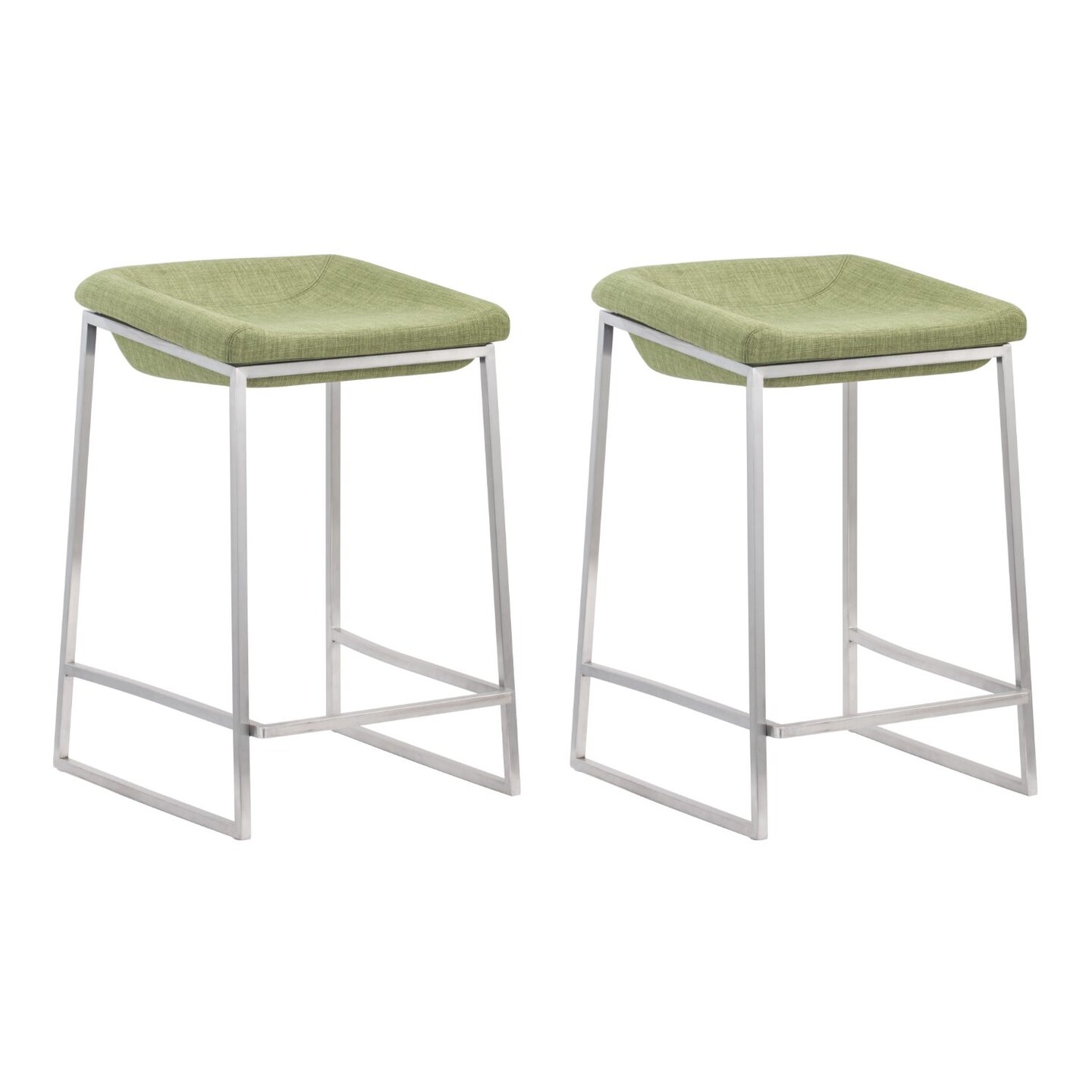 Modern Home Set of 2 Green and Silver Upholstered Counter Stools 25.5&#x22;