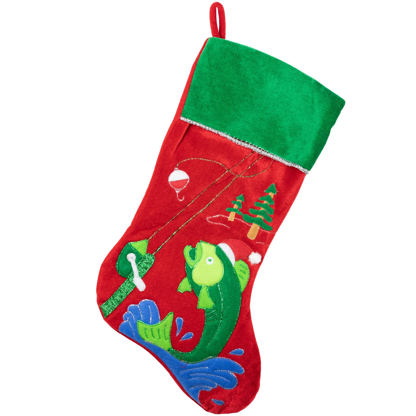 Northlight 19.5 Red Velveteen Fishing Themed Christmas Stocking with Green  Cuff