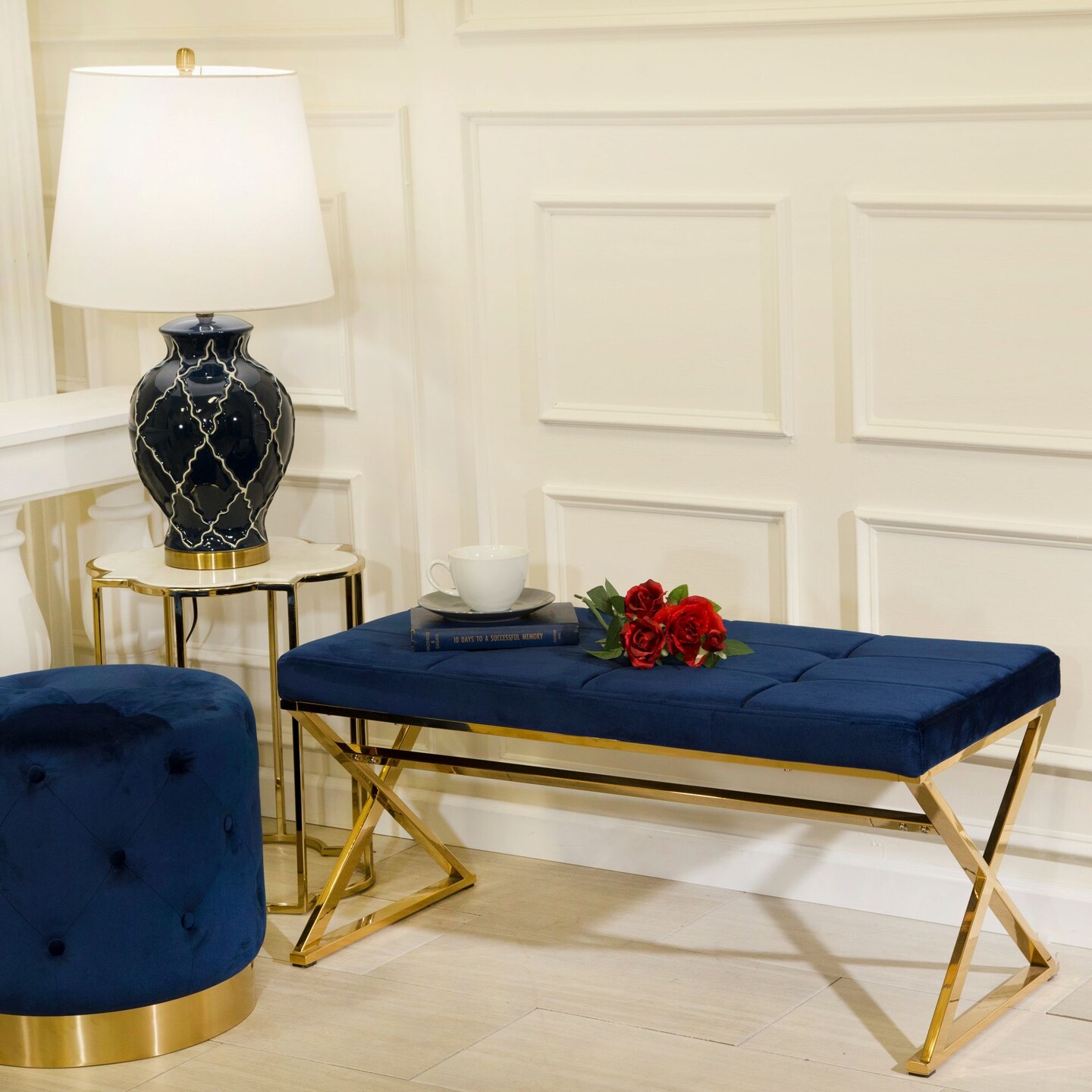 Kingston Living 39&#x22; Blue and Gold Rectangular Velveteen Upholstered Bench with X Legs